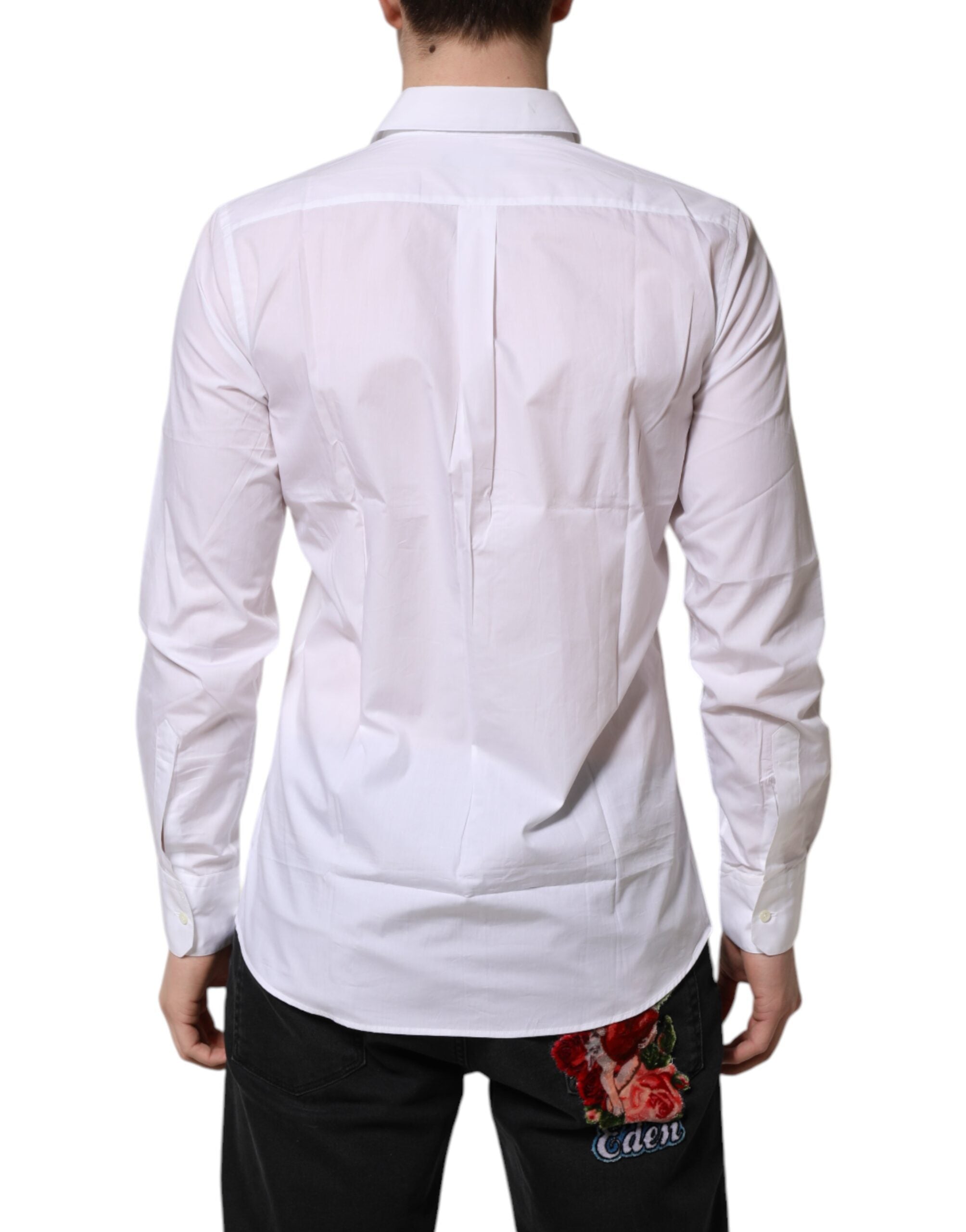 Chemise blanche Dolce & Gabbana à col, manches longues, style formel, élégante robe-shirt pour femme.