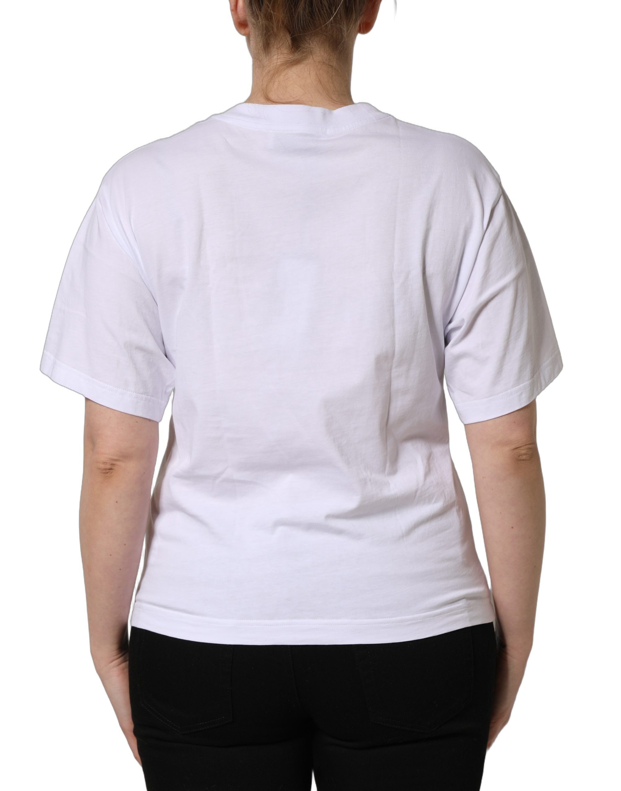 T-shirt blanc en coton Dolce & Gabbana avec logo DG brodé et col rond, vue de face.