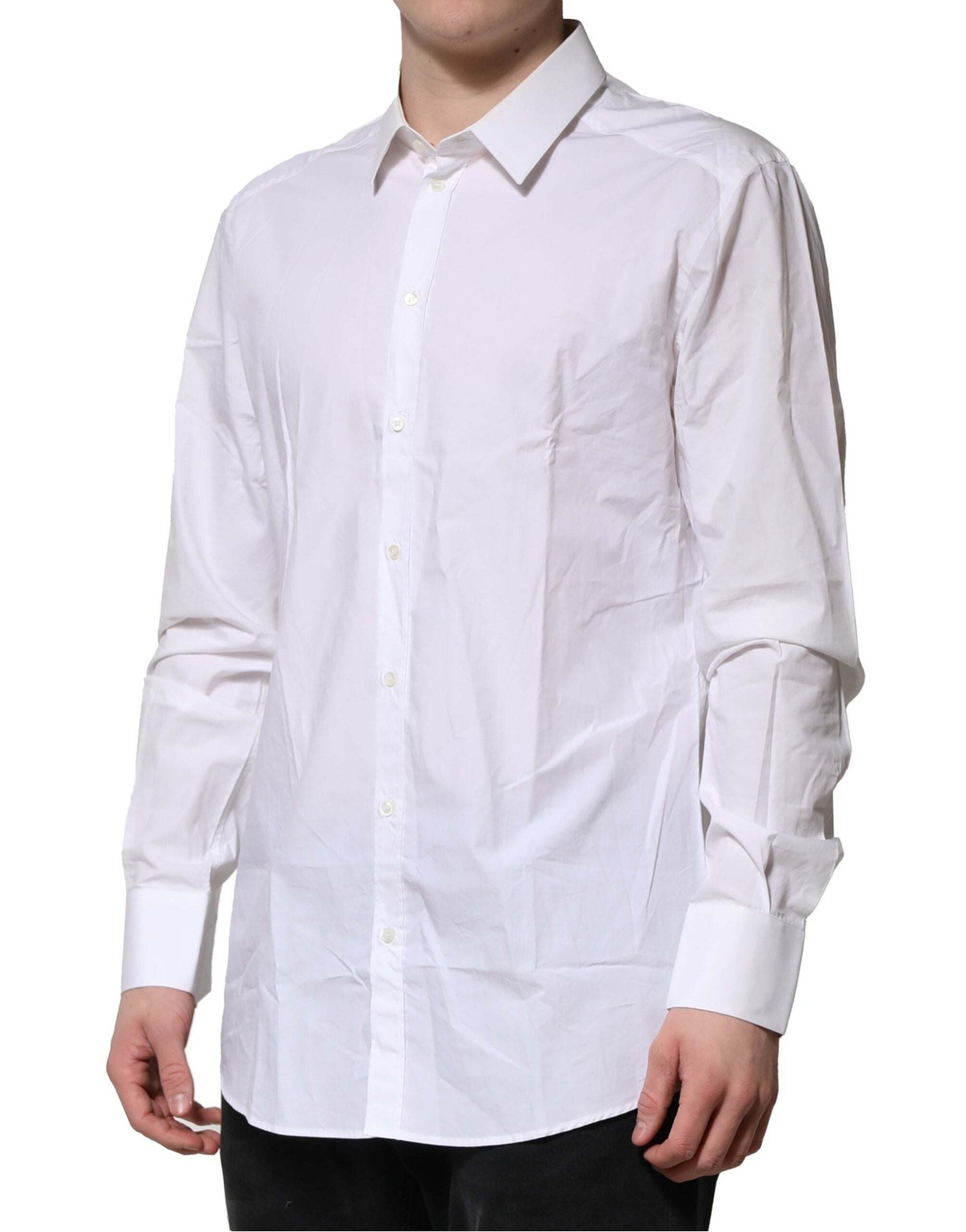 Chemise homme Dolce & Gabbana en coton blanc avec manches longues et détails dorés, élégante et raffinée.