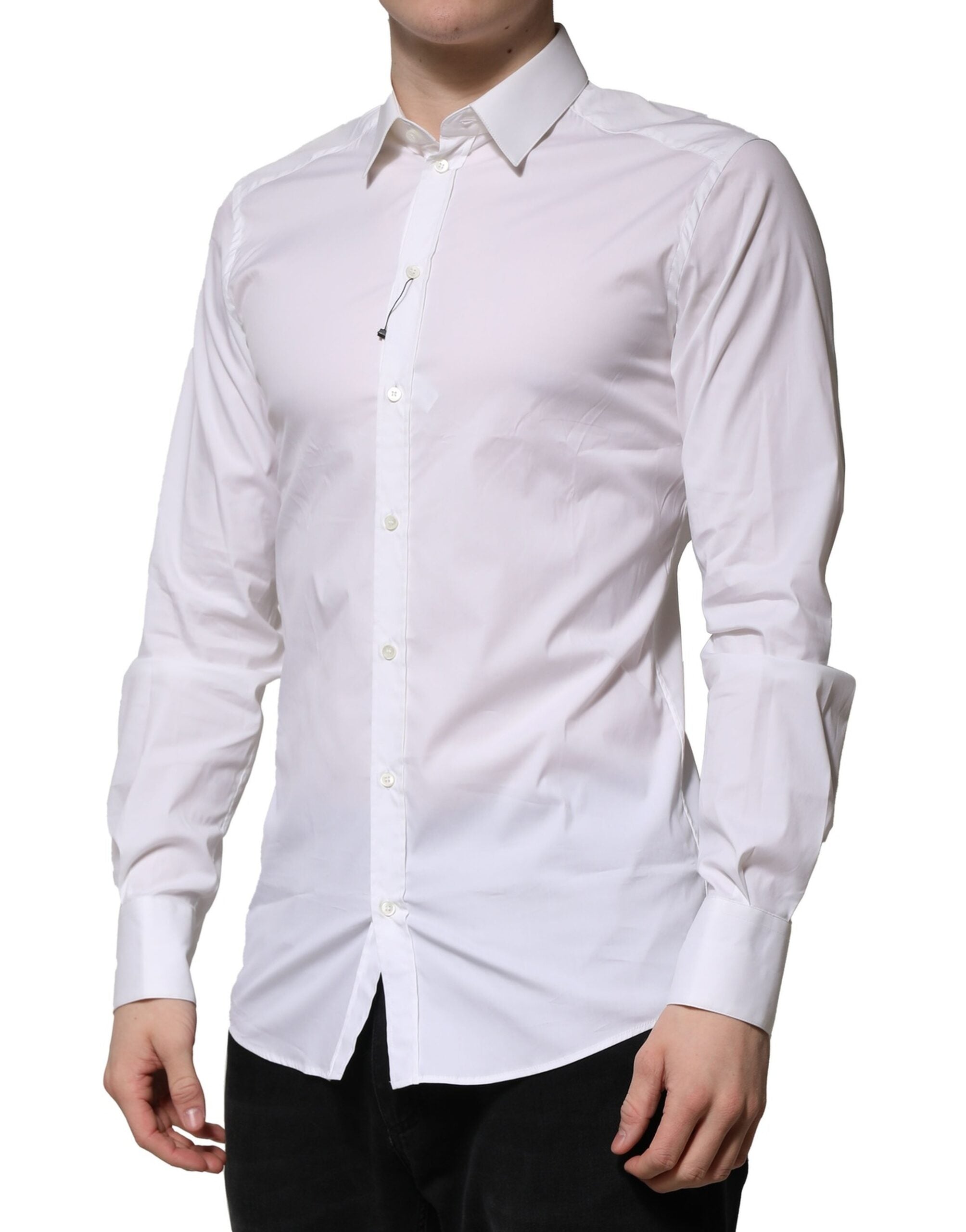 Chemise formelle blanche en coton avec manches longues Dolce & Gabbana, détails dorés, élégante et sophistiquée.