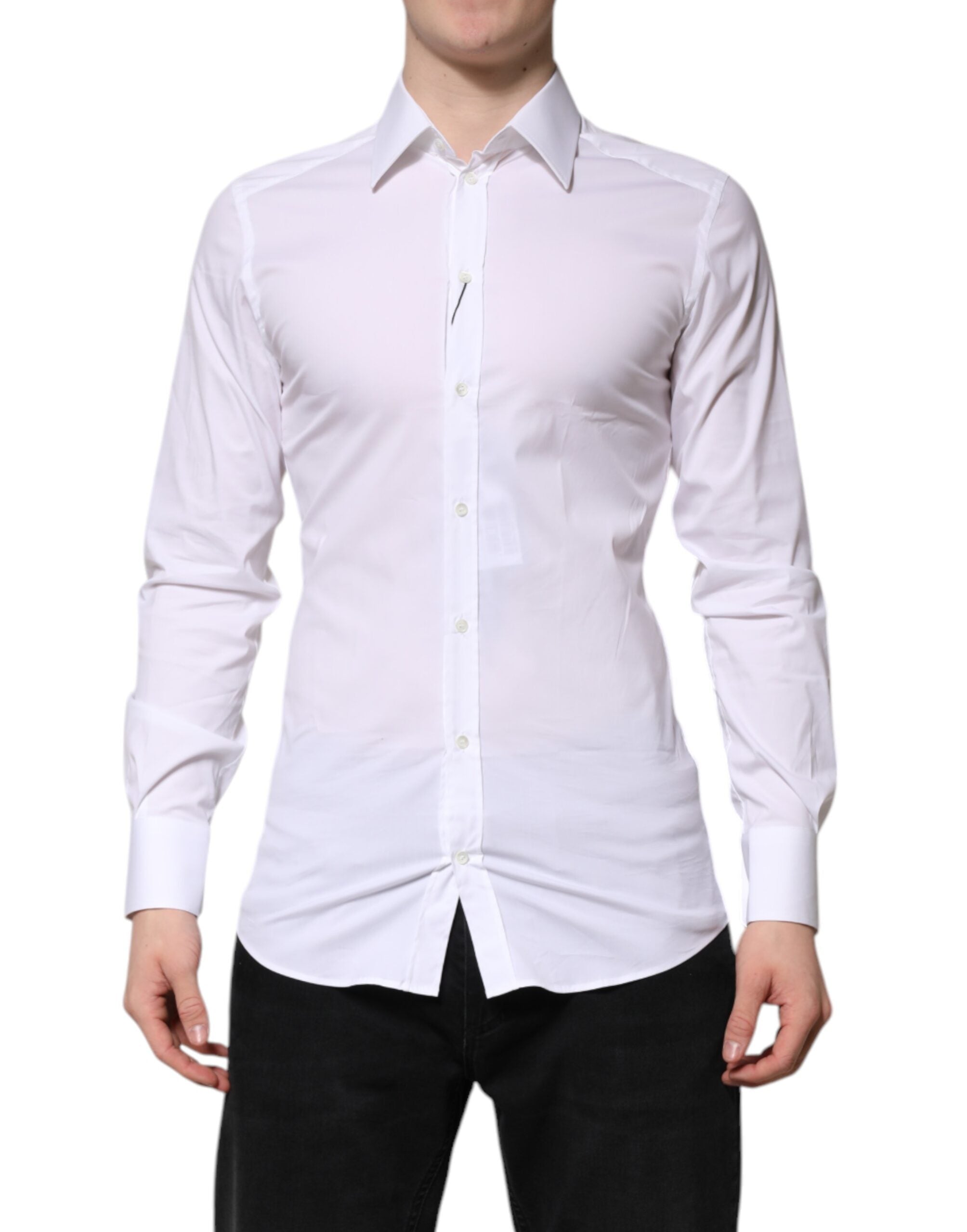 Chemise formelle blanche en coton Dolce & Gabbana à manches longues avec détails dorés, vue de face sur mannequin.