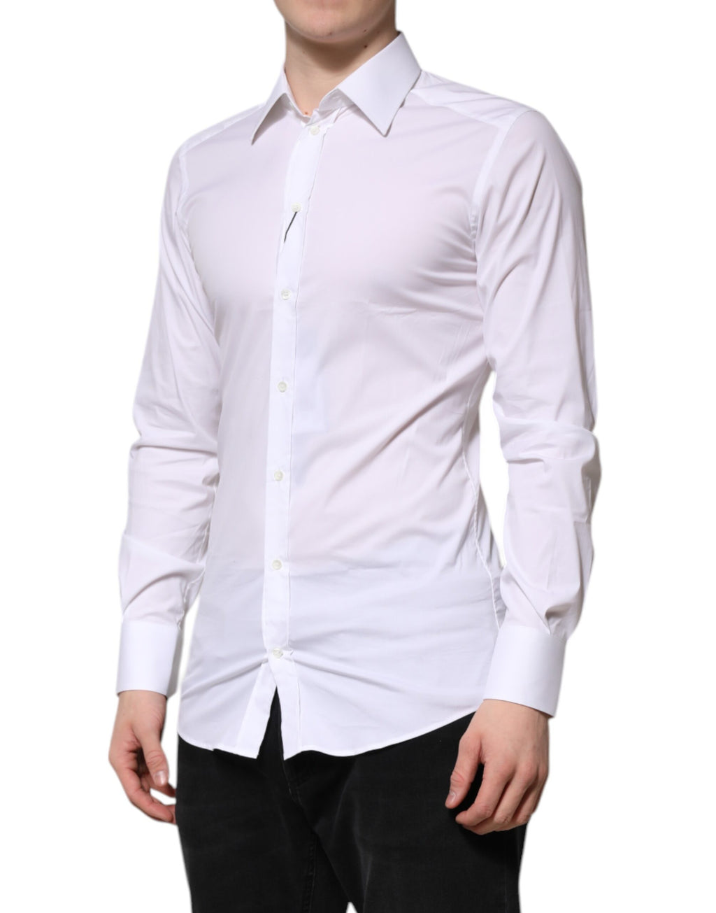 Chemise blanche en coton Dolce & Gabbana à manches longues, style formel avec détails dorés élégants.