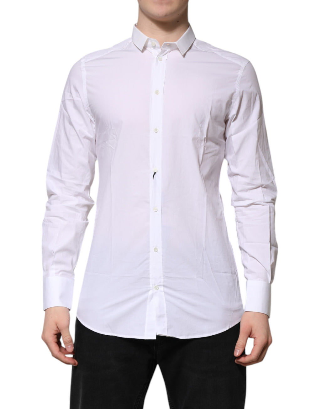 Chemise blanche en coton Dolce & Gabbana à manches longues, style formel avec détails en or.