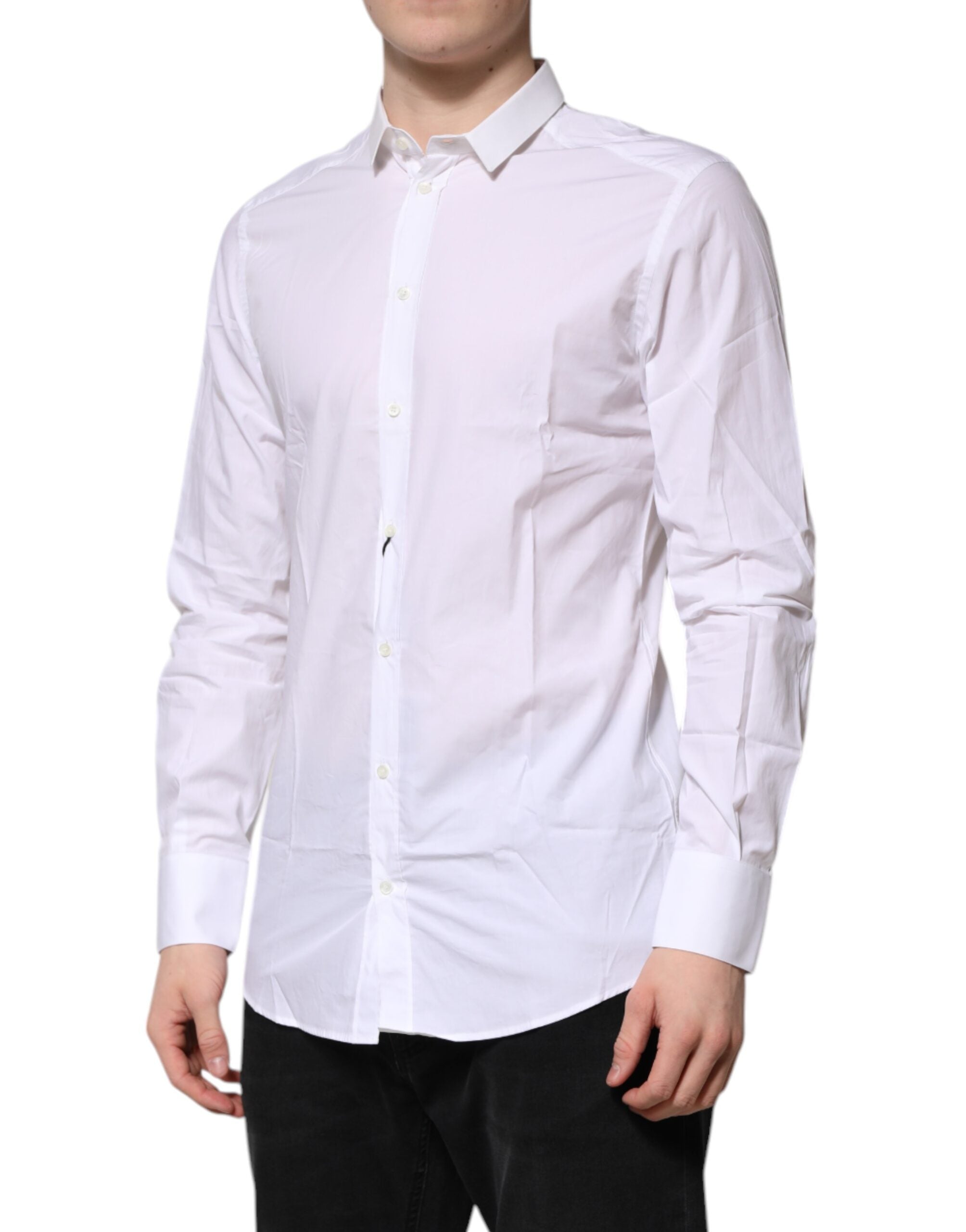 Chemise formelle en coton blanc Dolce & Gabbana avec manches longues et détails dorés.