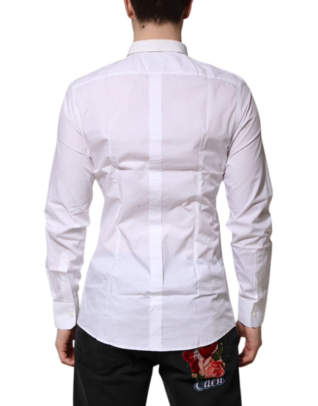 Chemise formelle blanche en coton Dolce & Gabbana avec manches longues et détails dorés, élégante et sophistiquée.