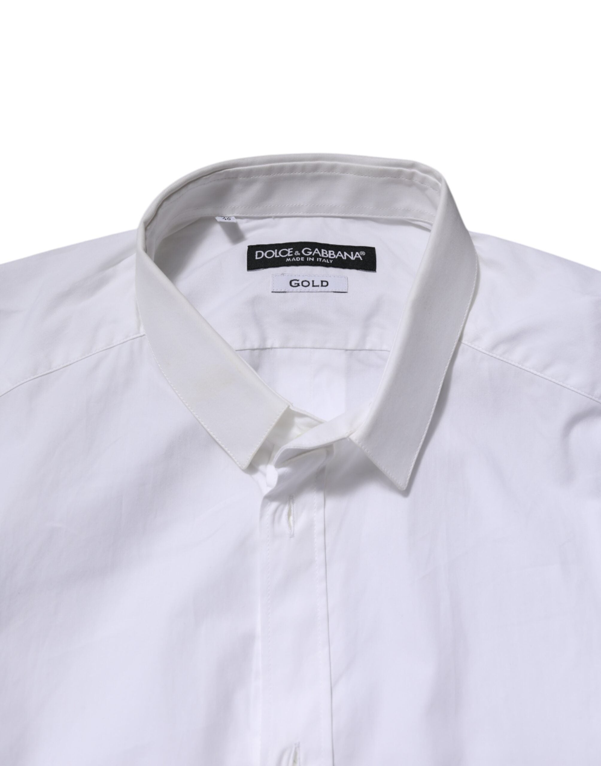 Chemise blanche en coton Dolce & Gabbana à manches longues, style formel avec détails dorés.