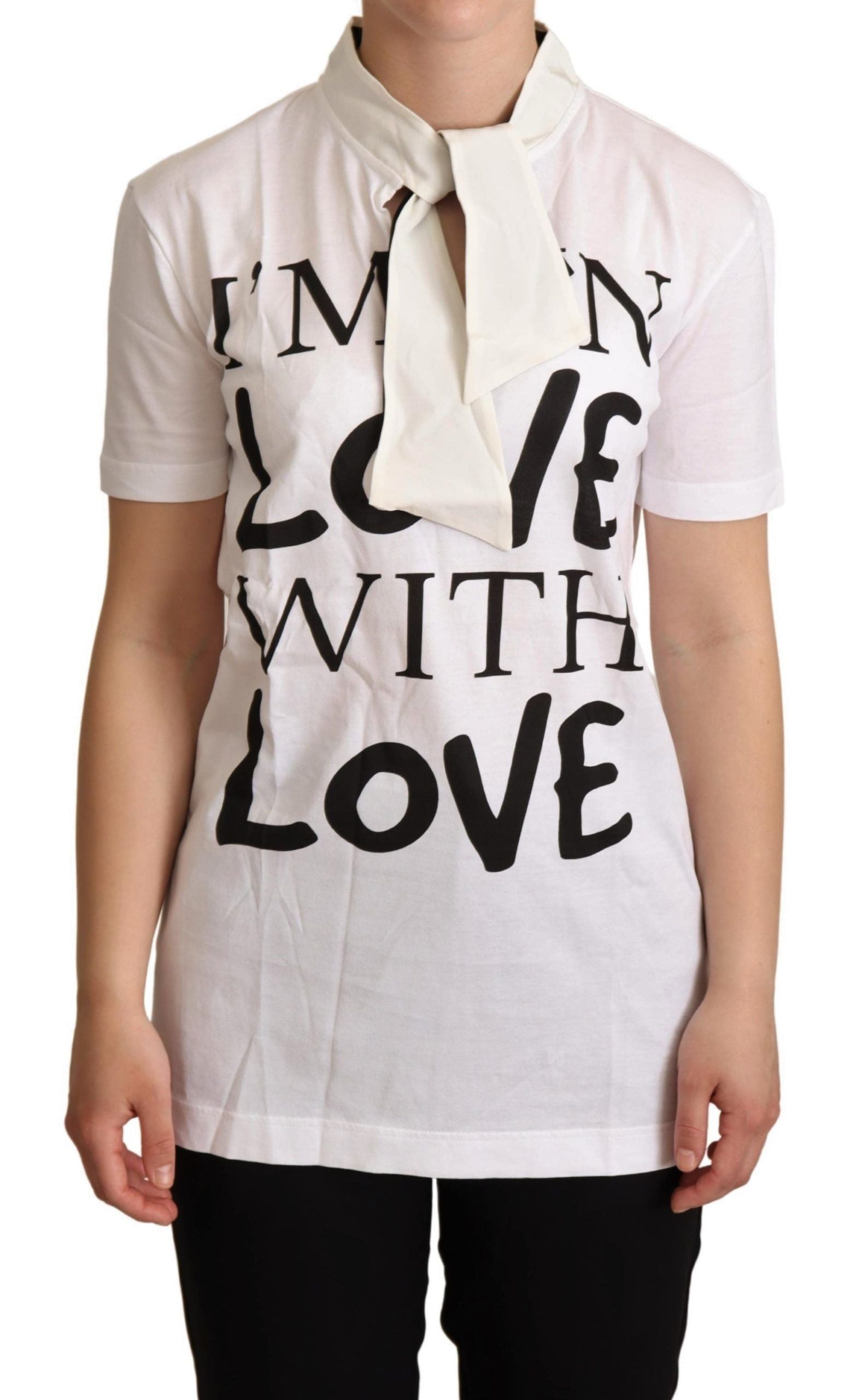 T-shirt blanc en coton et soie Dolce & Gabbana "I'm In Love" avec logo, vue de face, tissu léger et élégant.