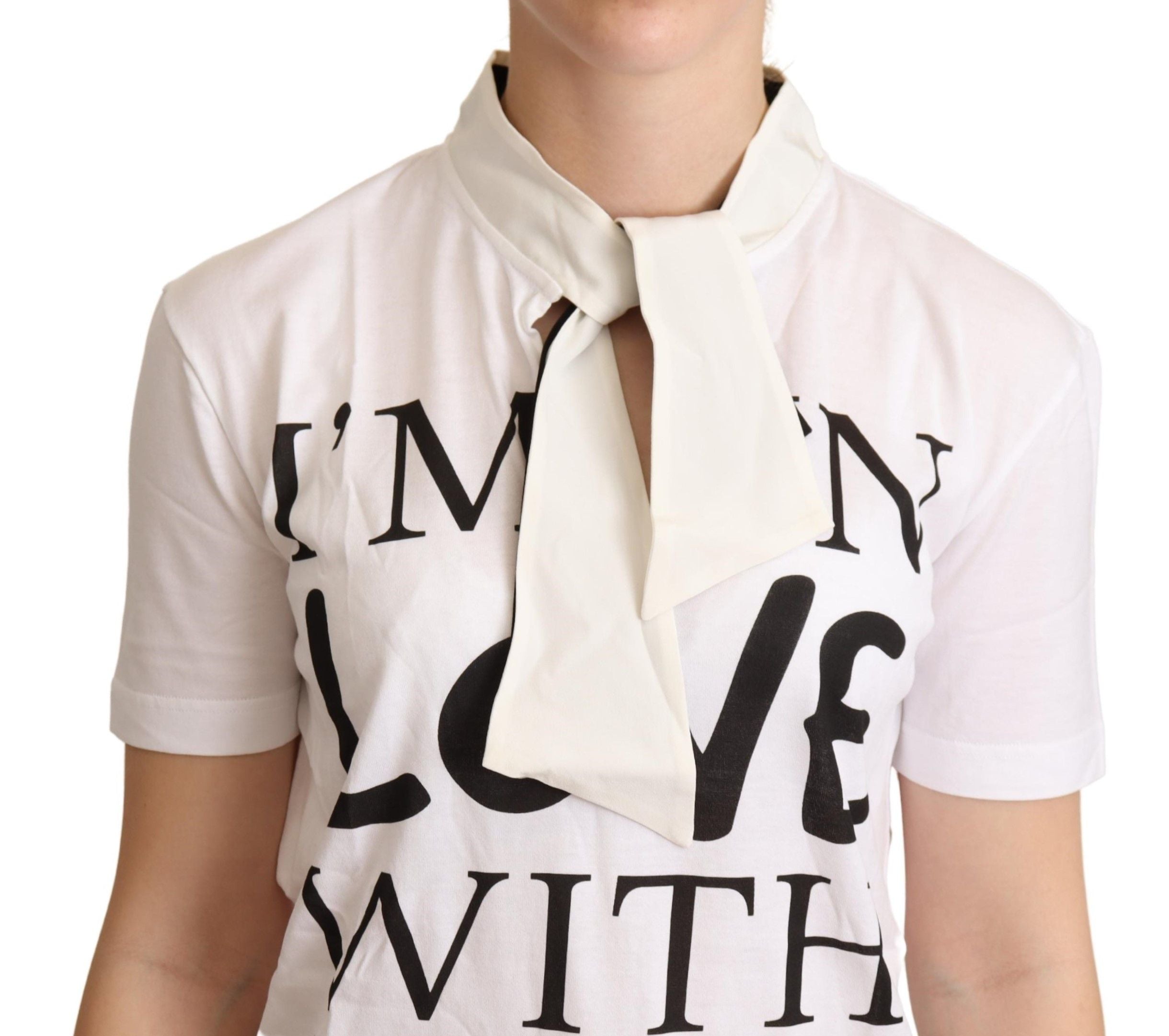 T-shirt blanc en coton et soie Dolce & Gabbana "I'm In Love" avec logo imprimé, vue de face.