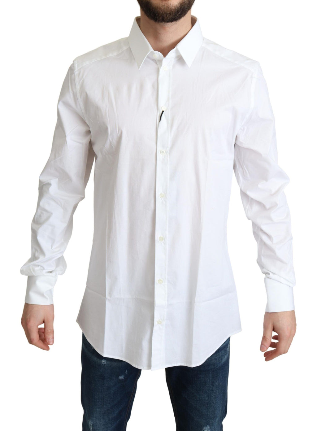 Chemise blanche en coton stretch pour homme de Dolce & Gabbana, vêtement formel élégant avec col et boutons visibles.