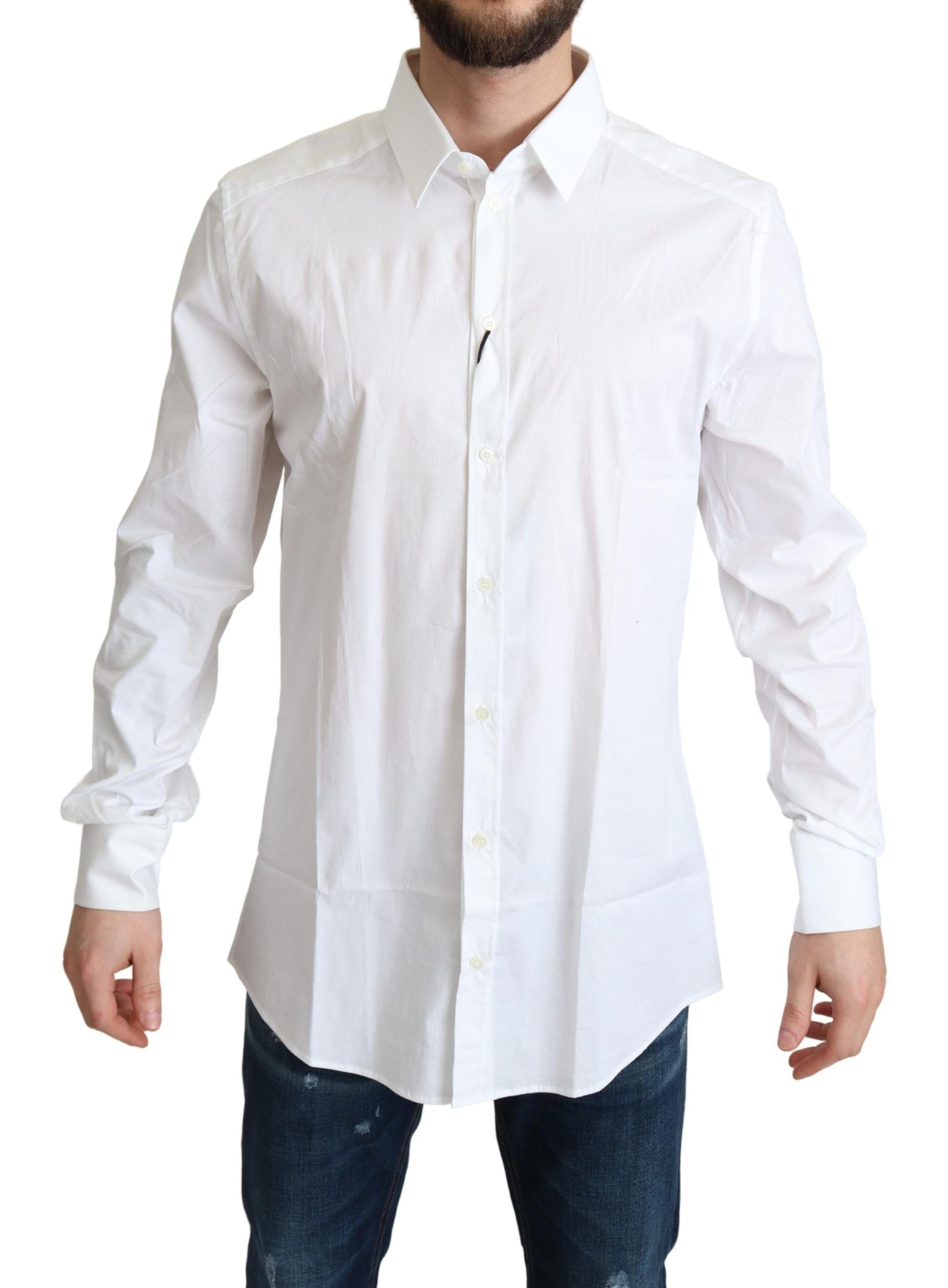 Chemise blanche en coton stretch pour homme de Dolce & Gabbana, vêtement formel élégant avec col et boutons visibles.