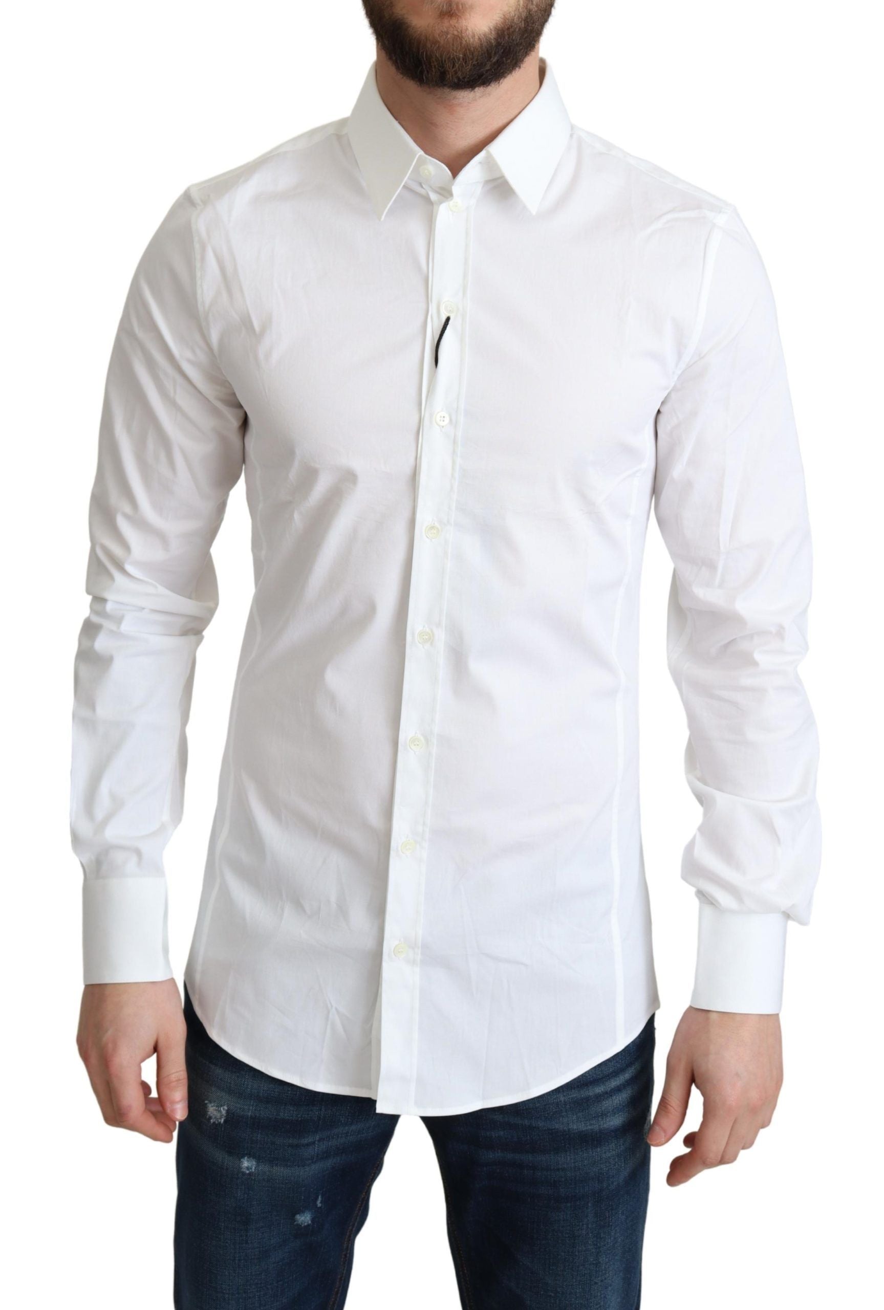 Chemise homme Dolce & Gabbana Sicilia en coton blanc extensible, style formel et élégant, vue de face.
