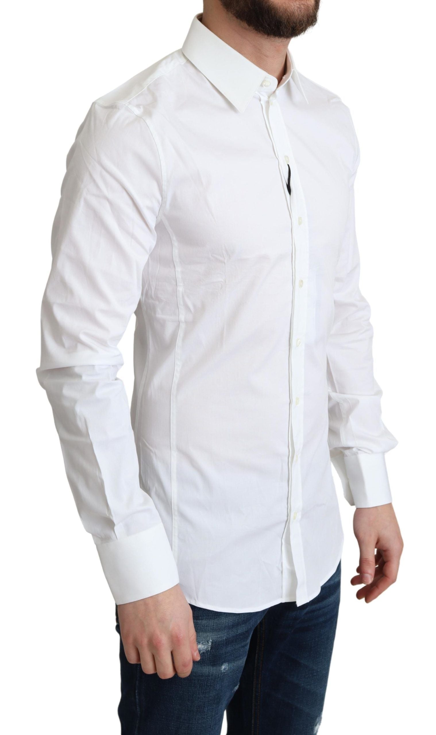 Chemise formelle blanche en coton stretch Dolce & Gabbana pour homme, style Sicilia, visible avec col et boutons.