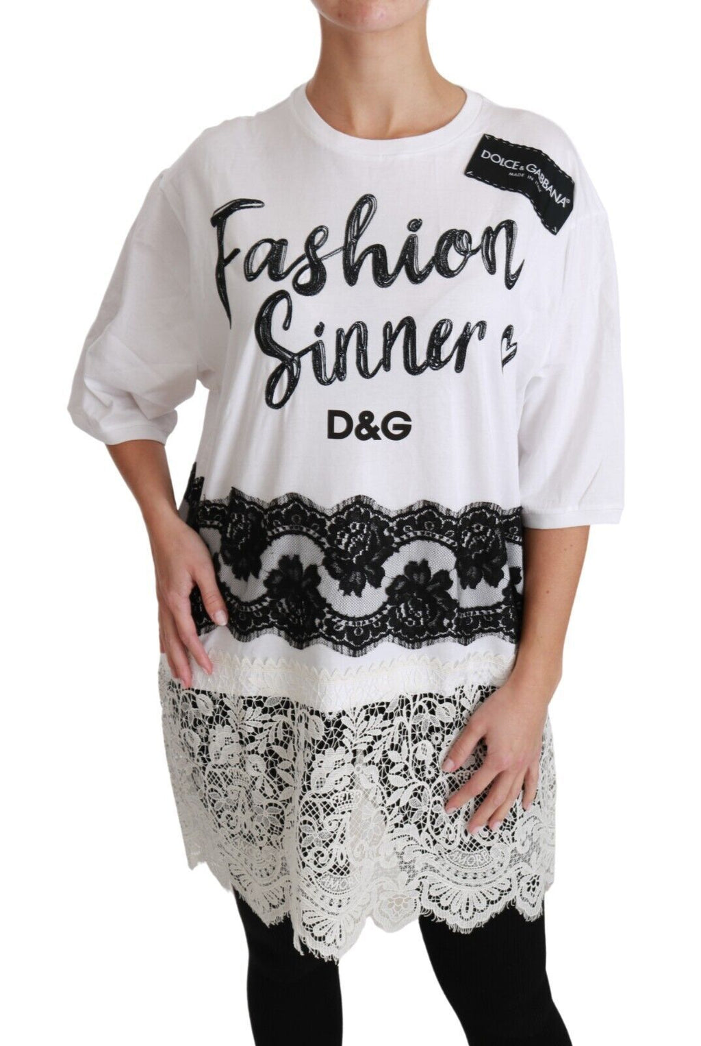 T-shirt blanc Dolce & Gabbana Fashion Sinner en coton avec dentelle, vue de face, détail du col et du design élégant.