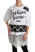 T-shirt blanc Dolce & Gabbana Fashion Sinner en coton avec dentelle, vue de face, détail du col et du design élégant.