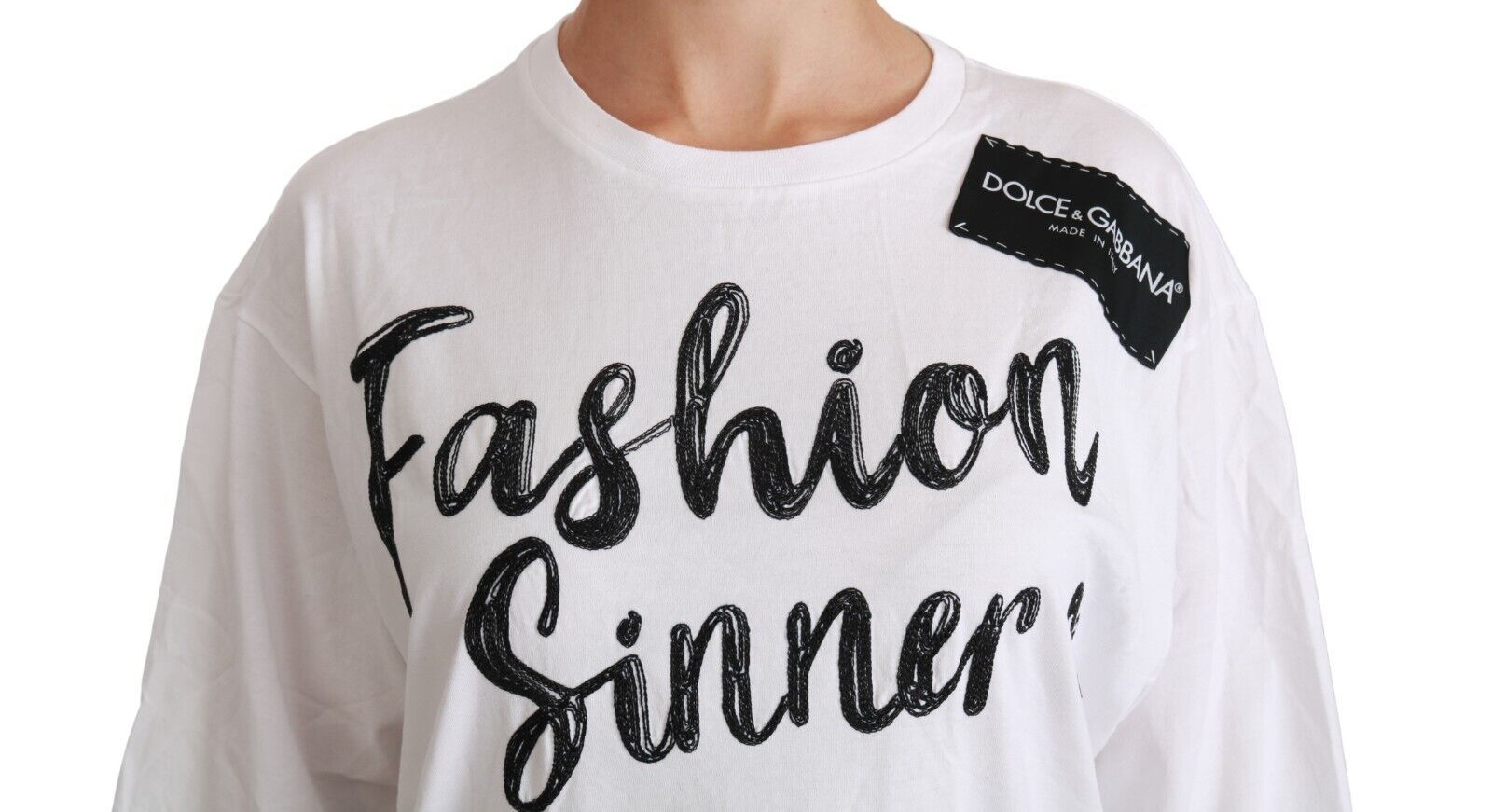 T-shirt blanc Dolce & Gabbana Fashion Sinner en coton avec dentelle, vue de face, détails élégants et style moderne.