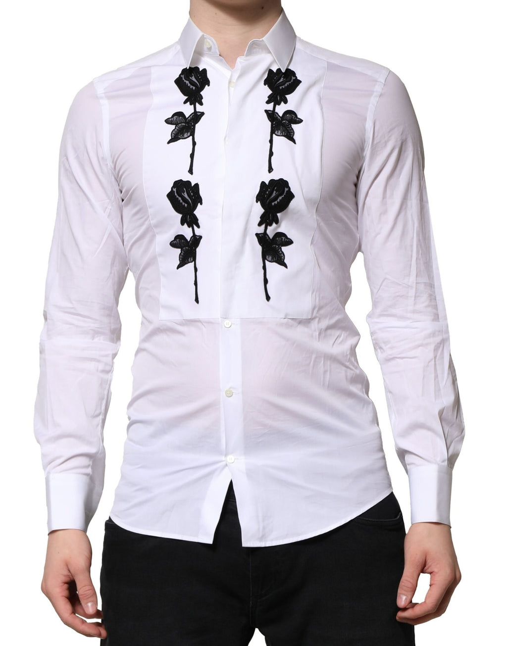 Chemise formelle blanche Dolce & Gabbana pour homme avec broderie florale dorée, élégante et sophistiquée.