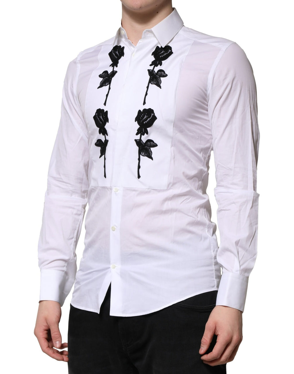 Chemise formelle blanche pour homme Dolce & Gabbana avec broderie florale dorée, élégante et sophistiquée.