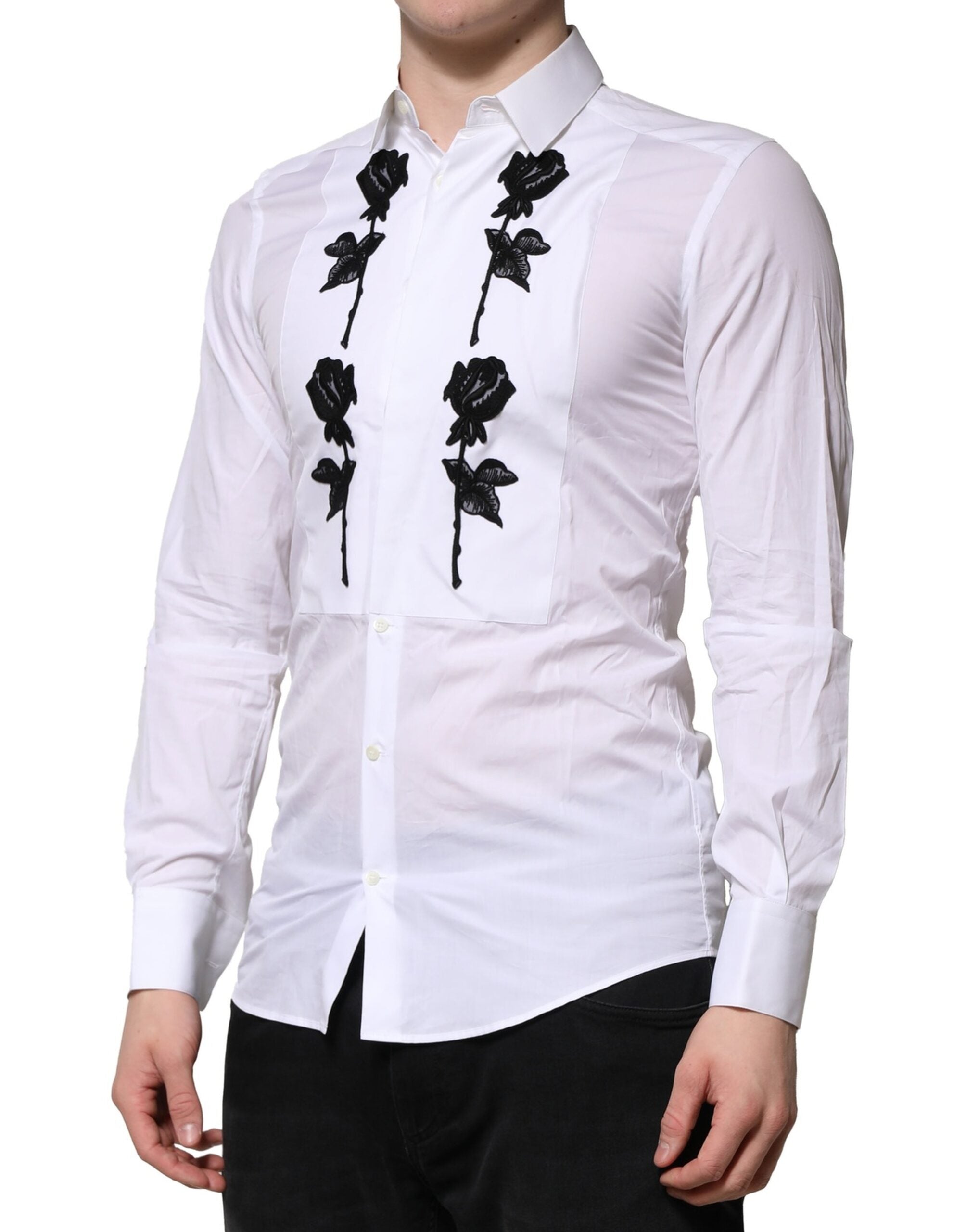 Chemise formelle blanche pour homme Dolce & Gabbana avec broderie florale dorée, élégante et sophistiquée.