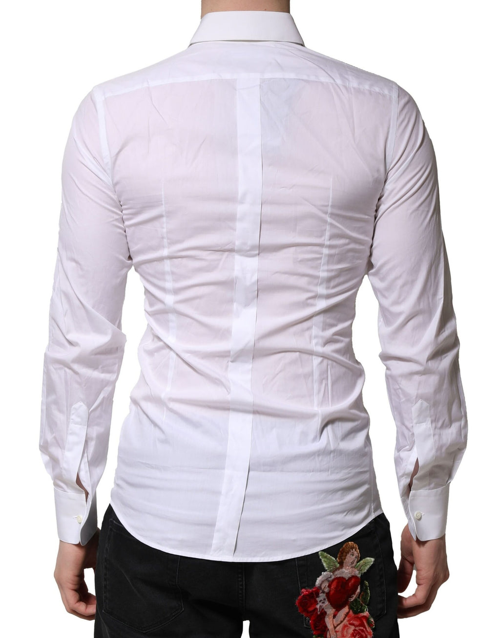 Chemise formelle blanche pour homme Dolce & Gabbana avec broderie florale dorée, élégance et style sophistiqué.