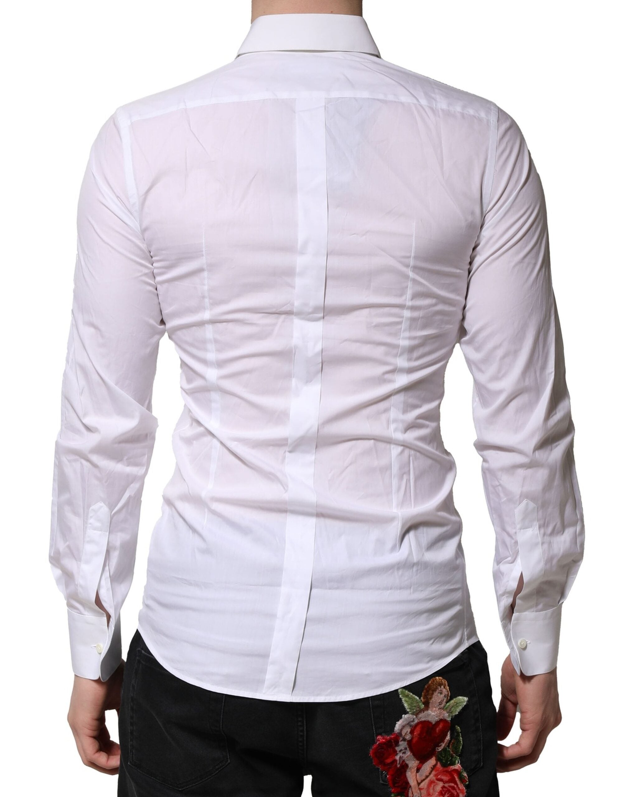 Chemise formelle blanche pour homme Dolce & Gabbana avec broderie florale dorée, élégance et style sophistiqué.
