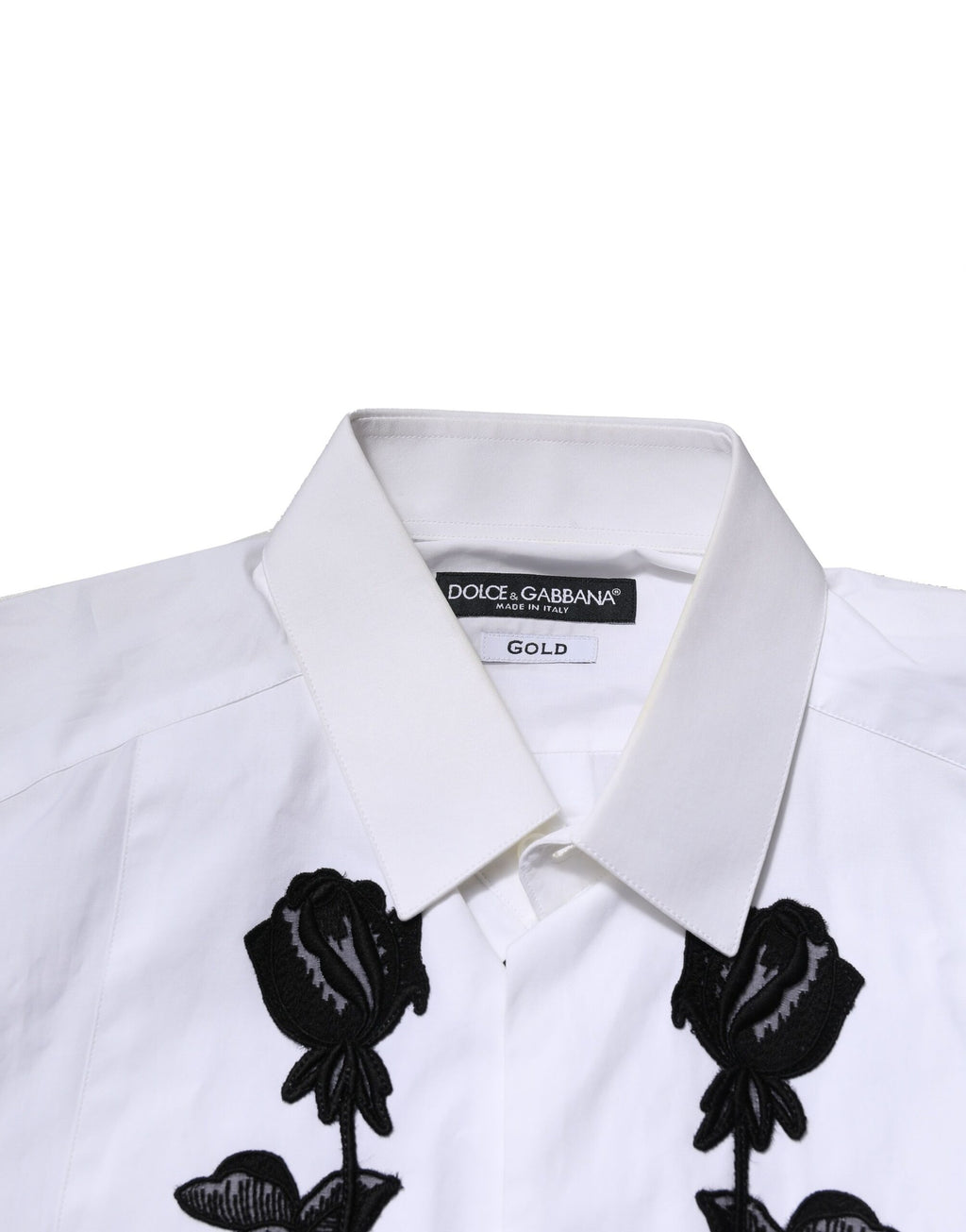Chemise formelle blanche pour homme Dolce & Gabbana avec broderie florale dorée, style élégant et sophistiqué.