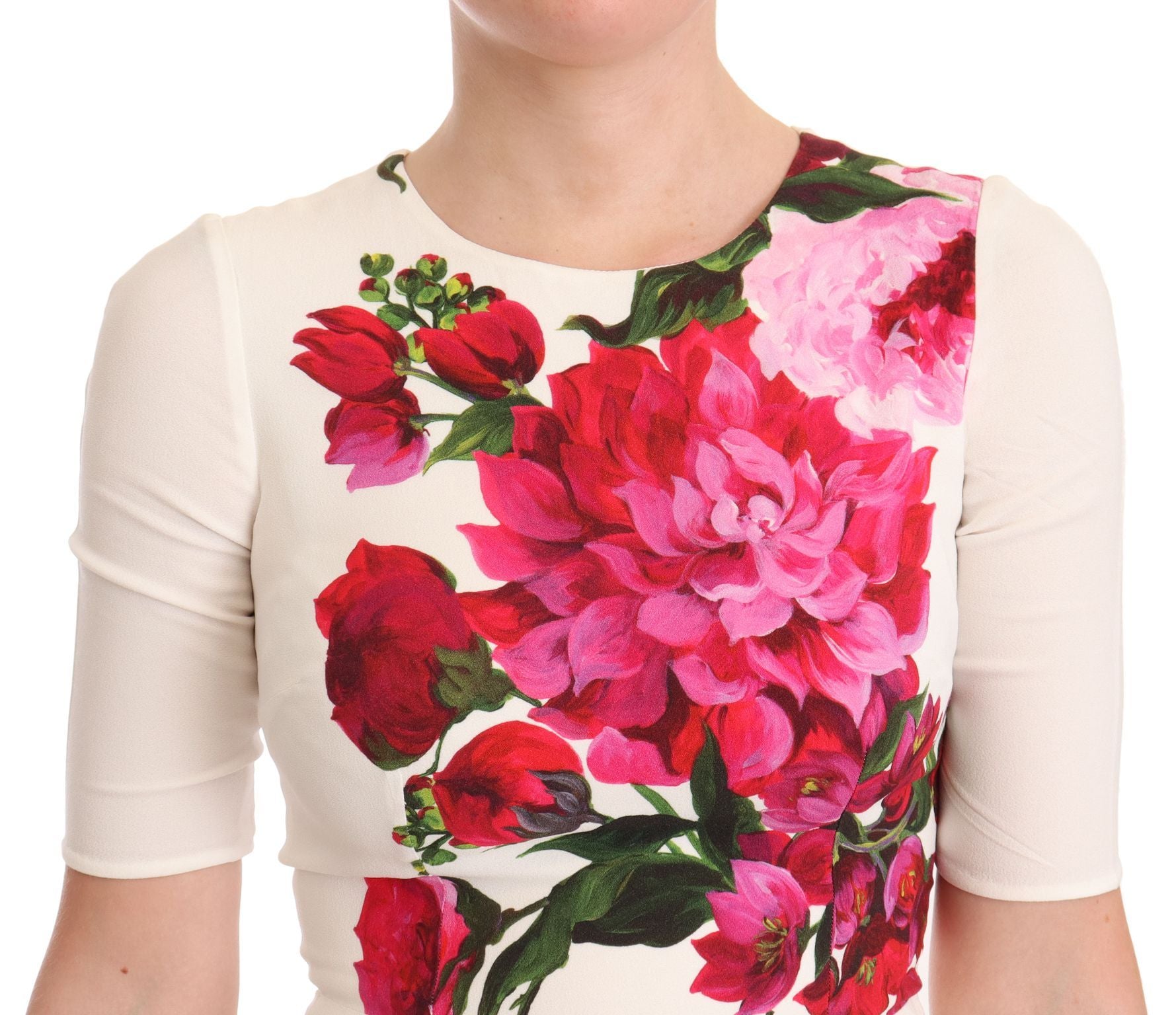 Robe midi blanche Dolce & Gabbana à imprimé floral, en crêpe avec fente élégante et coupe féminine.