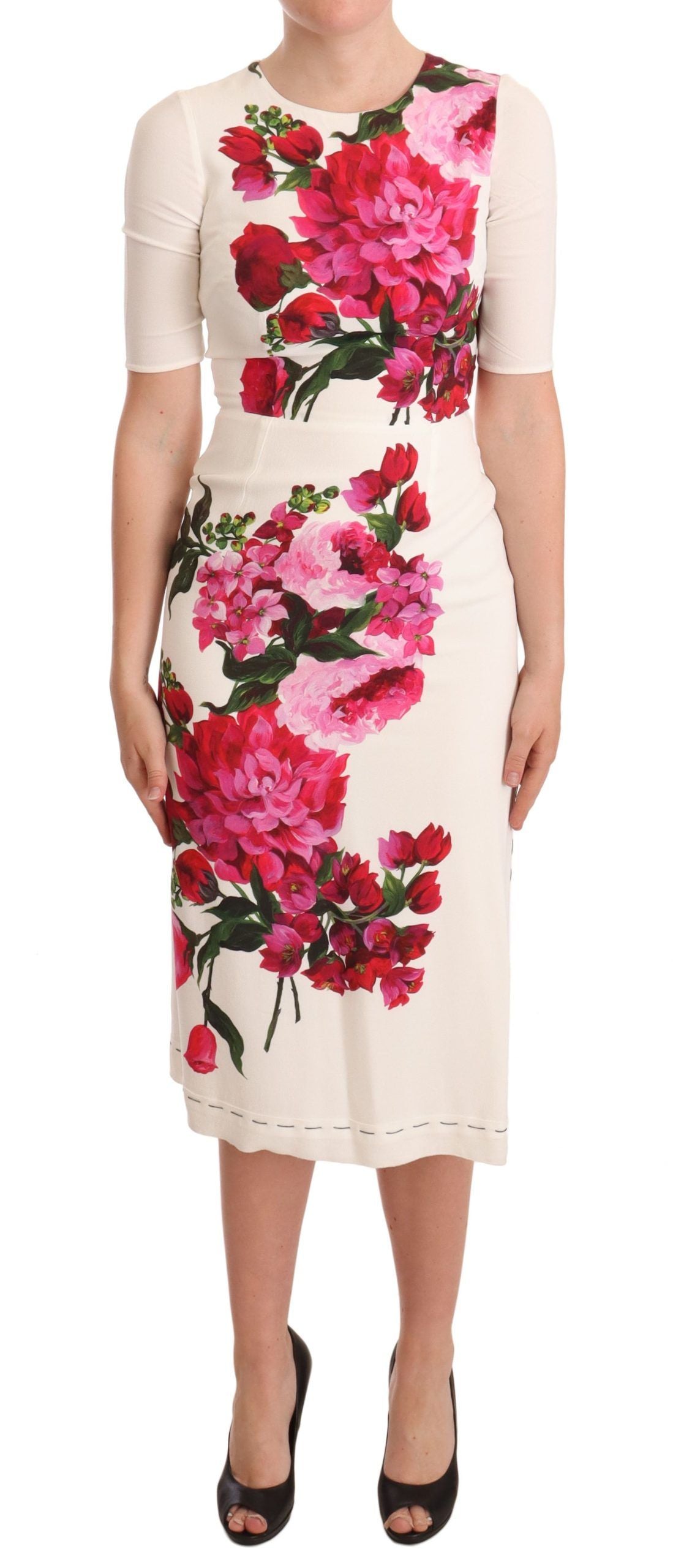 Robe midi en crêpe blanc à fleurs Dolce & Gabbana avec fente élégante et design floral sophistiqué.