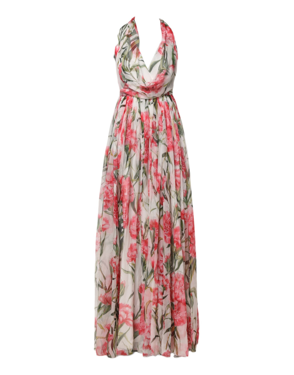 Robe longue en soie blanche à fleurs Dolce & Gabbana, robe à col halter et coupe évasée.