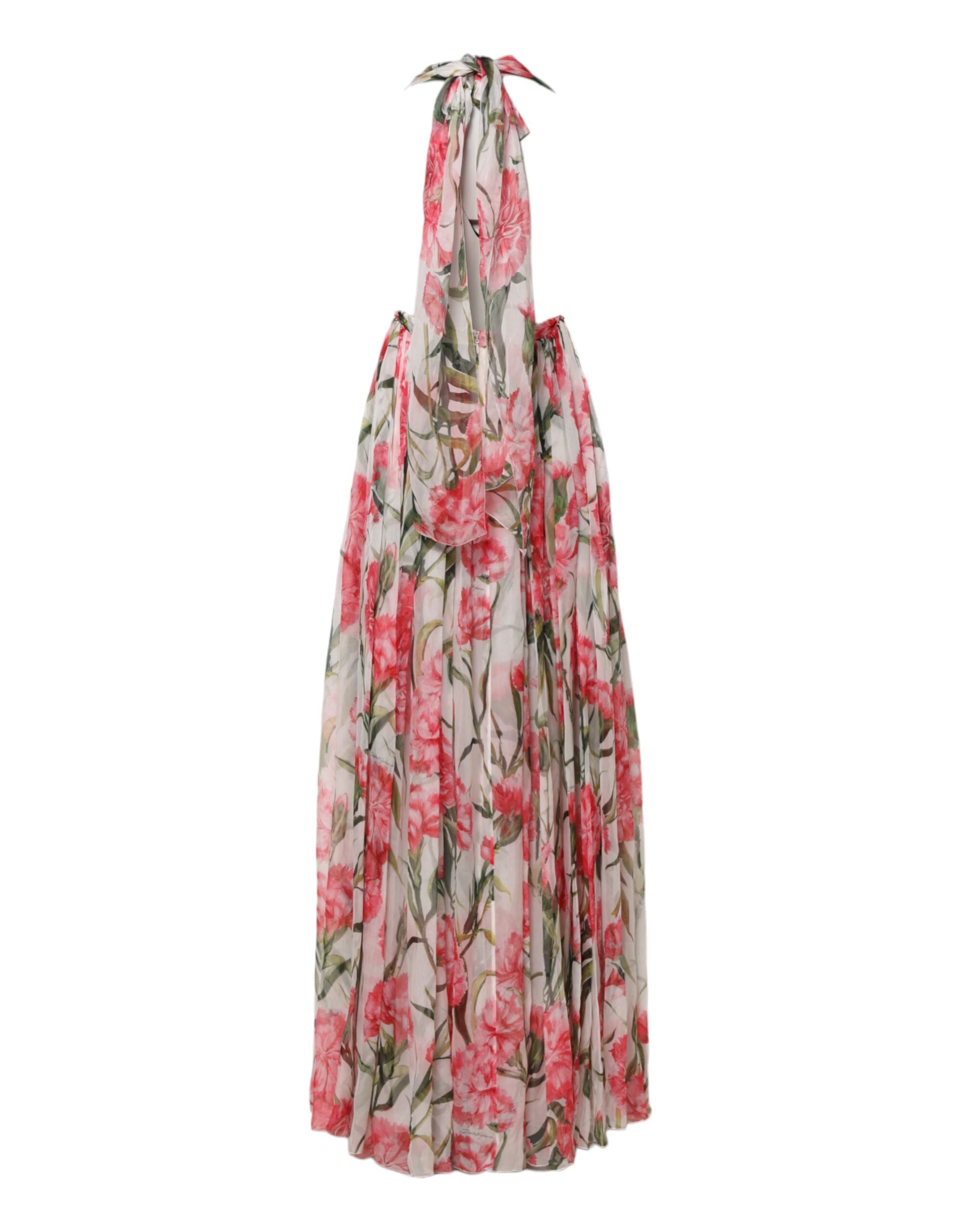Robe longue blanche en soie à fleurs Dolce & Gabbana avec encolure halter et coupe évasée.