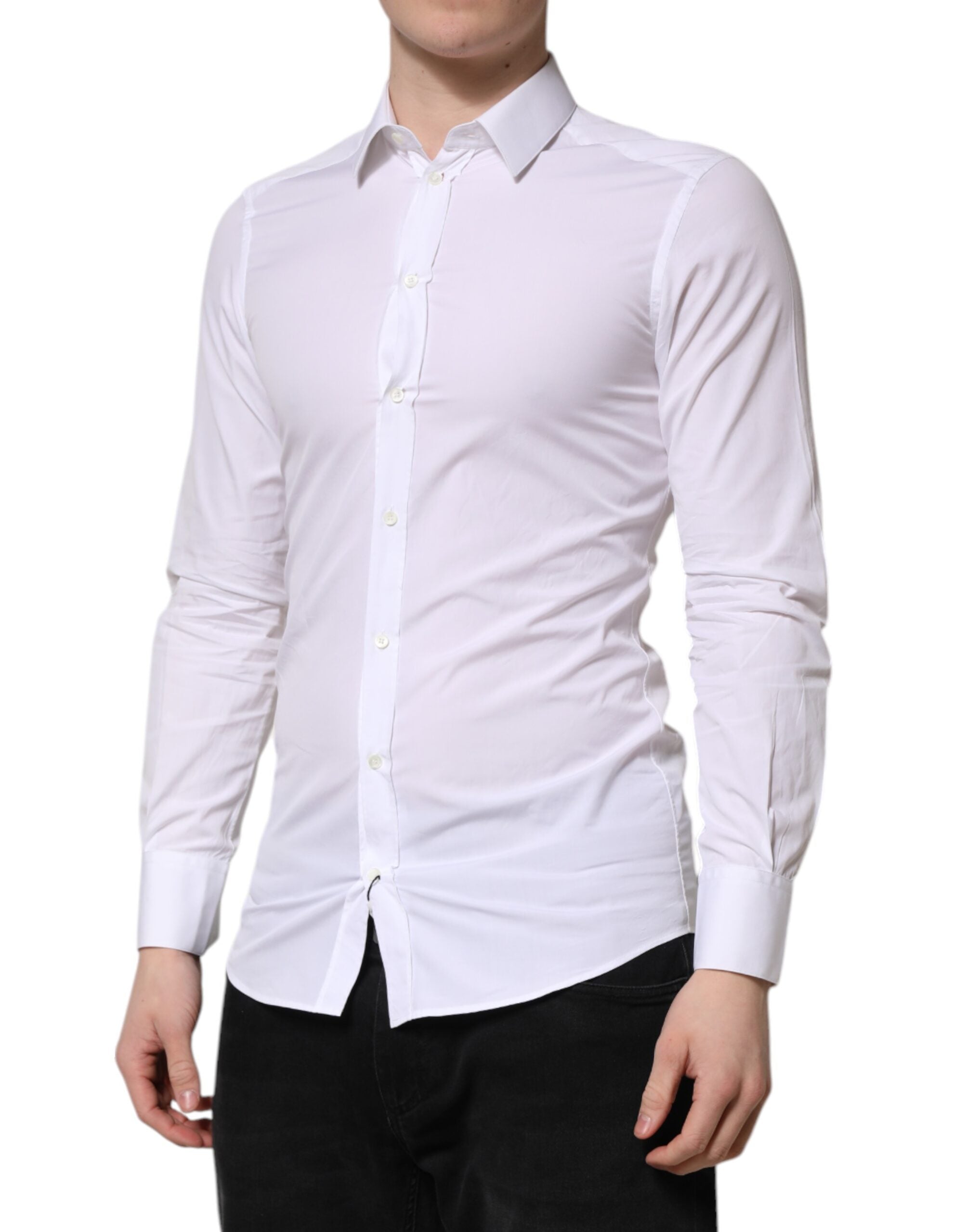 Chemise homme Dolce & Gabbana en coton blanc à manches longues et détails dorés pour tenue formelle élégante.
