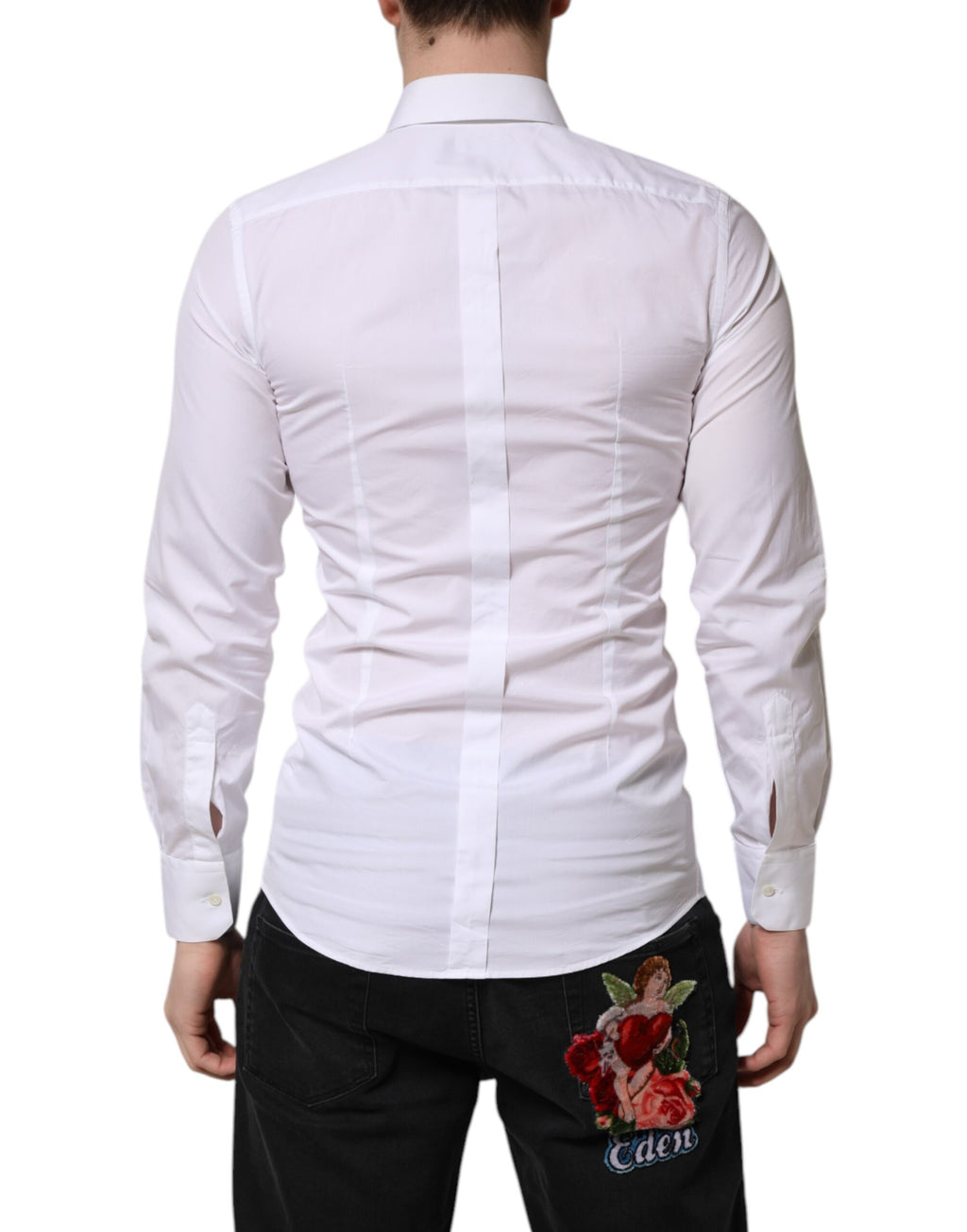 Chemise homme Dolce & Gabbana blanche en coton à manches longues, style formel avec détails dorés.