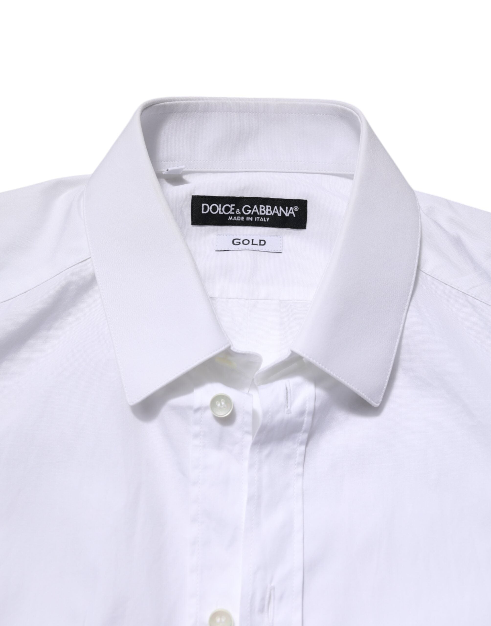 Chemise formelle blanche en coton à manches longues Dolce & Gabbana avec détails dorés pour homme.