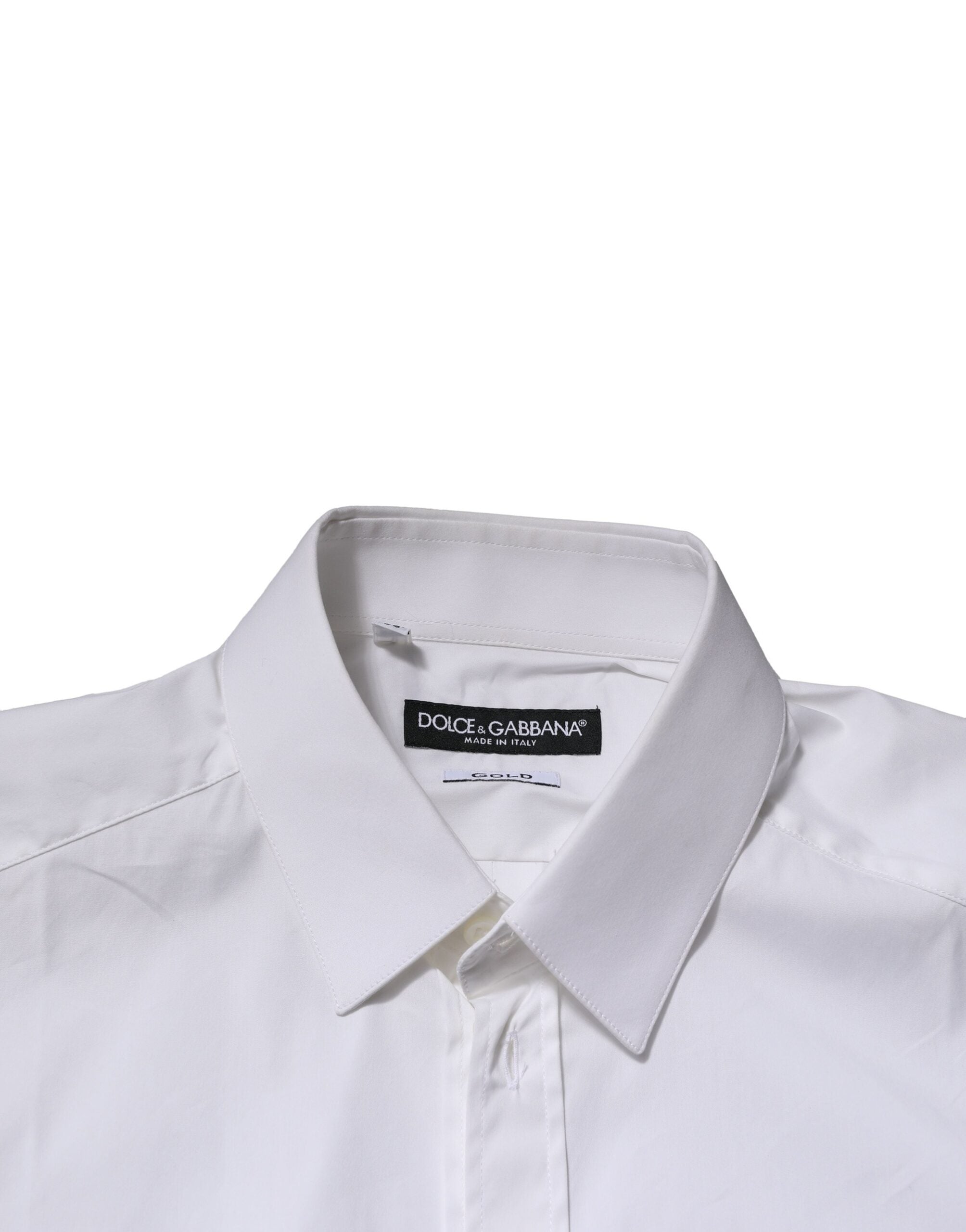 Chemise blanche formelle pour homme Dolce & Gabbana en coton avec détails dorés, élégante et sophistiquée.