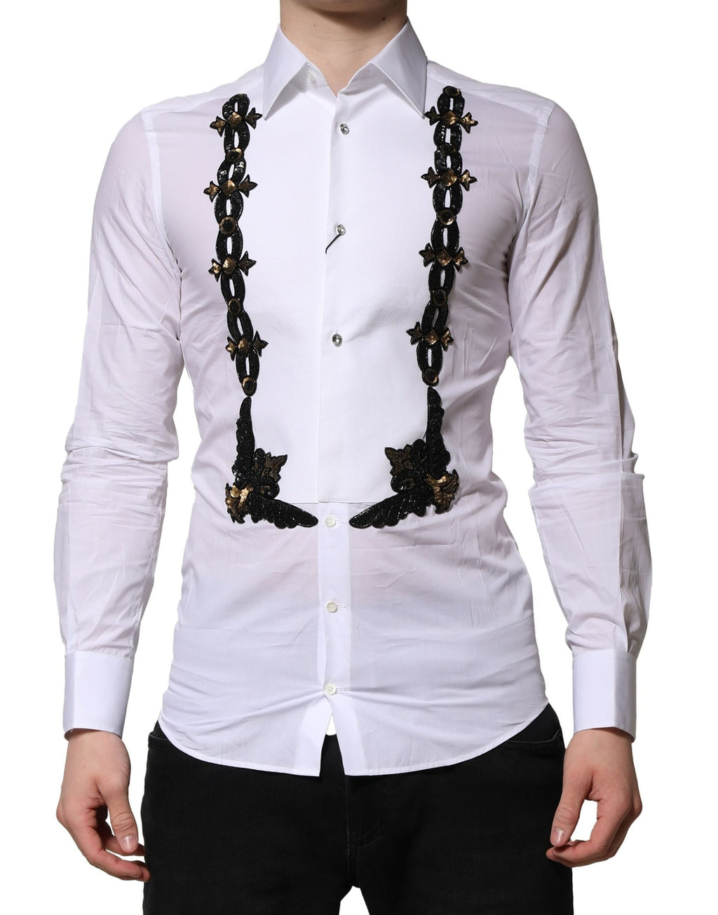 Chemise formelle blanche Dolce & Gabbana pour homme avec embellissements dorés, élégante chemise de costume sophistiquée.