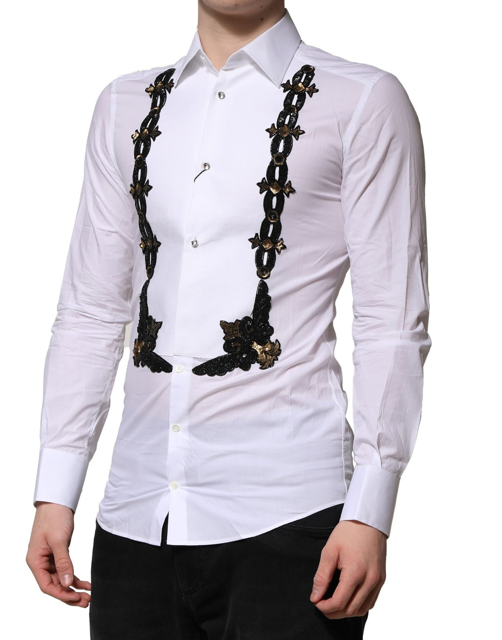 Chemise formelle blanche pour homme Dolce & Gabbana avec embellissements dorés, détails élégants et tissu de qualité.