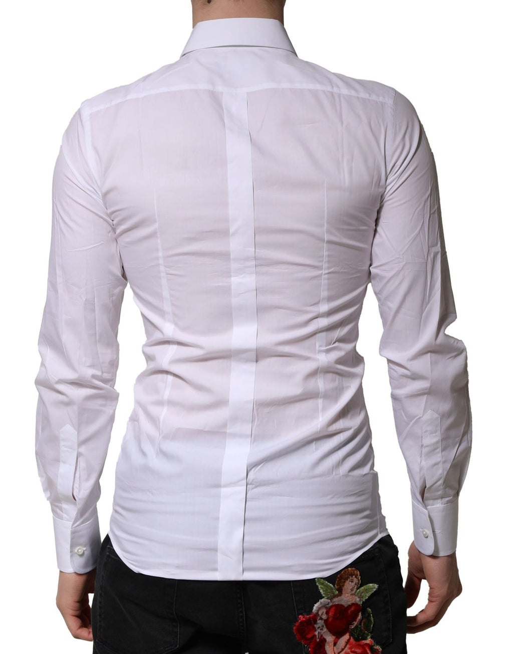 Chemise formelle blanche pour homme Dolce & Gabbana avec ornementations dorées, détails élégants et tissu de qualité.