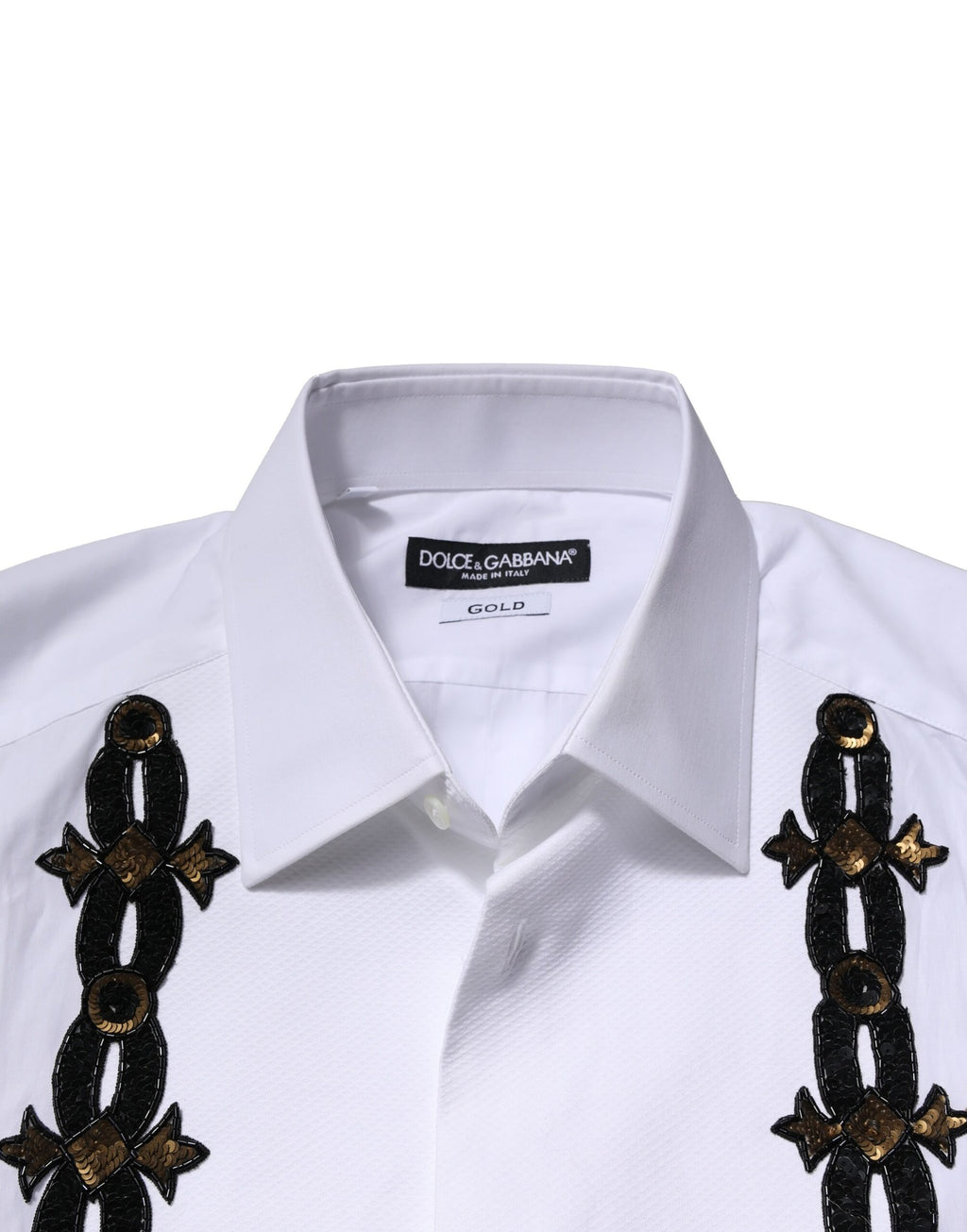 Chemise formelle blanche Dolce & Gabbana pour homme avec ornementations dorées et détails élégants, vue de face.