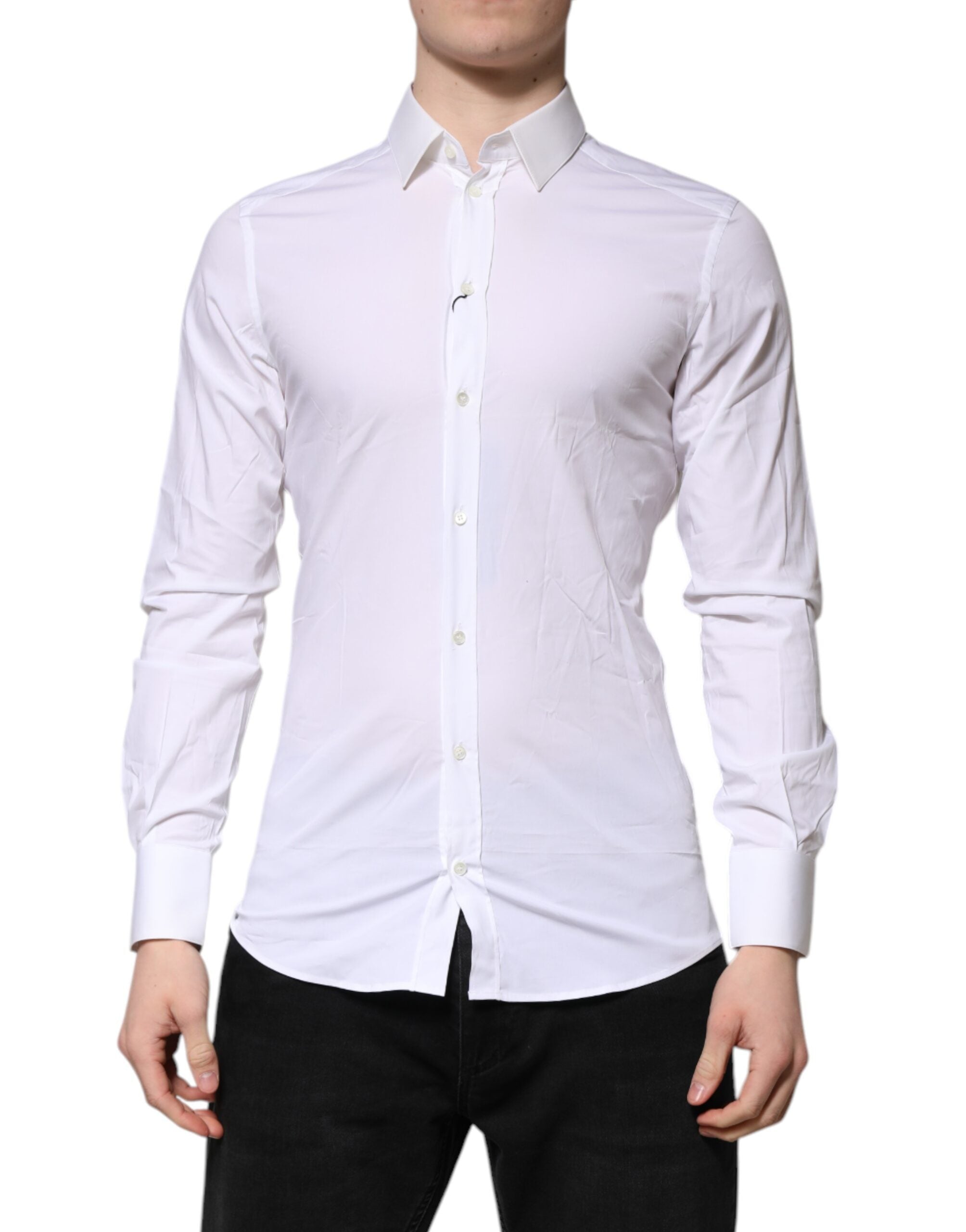 Chemise formelle Dolce & Gabbana blanche à manches longues avec détails en or, élégante robe de soirée raffinée.