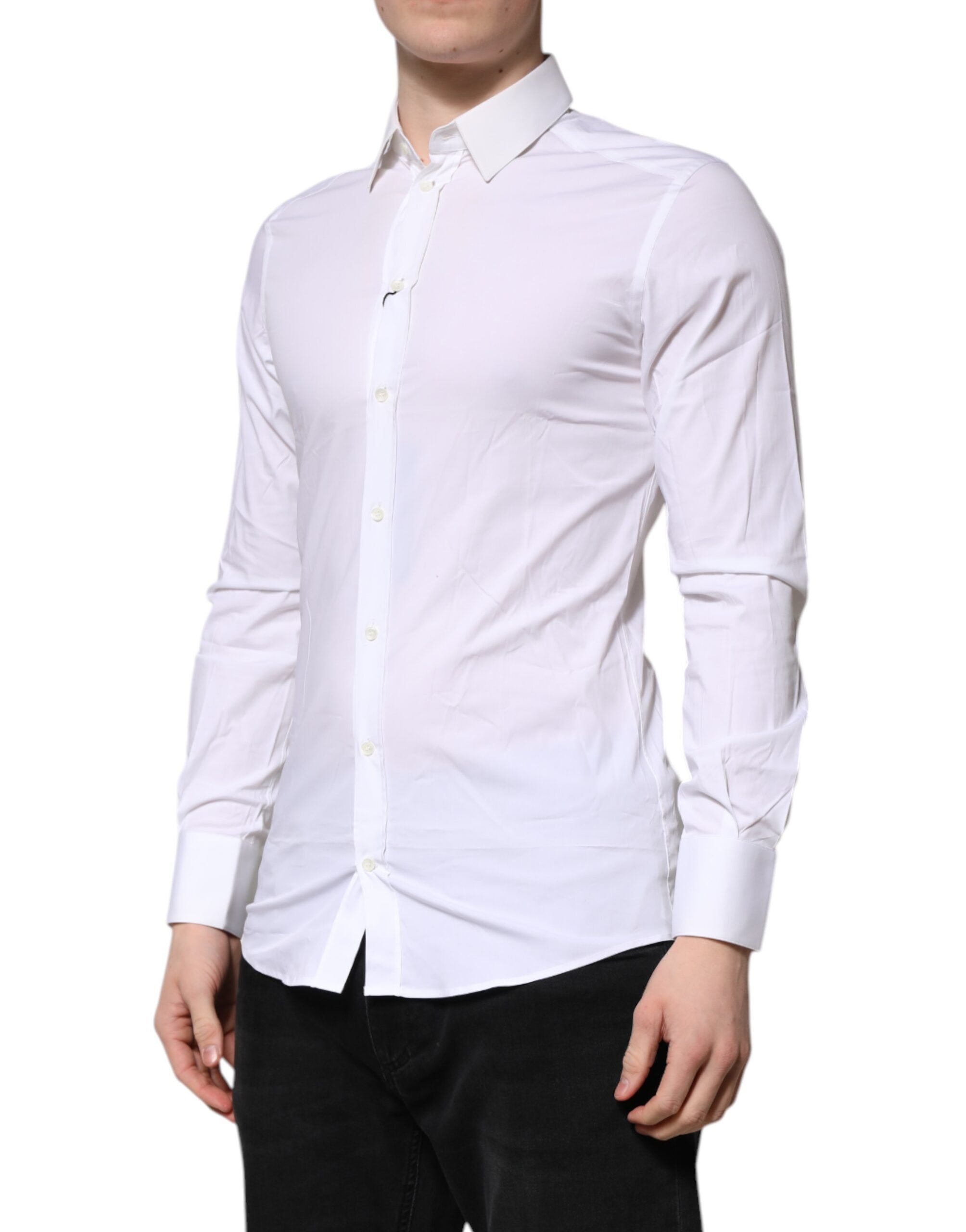 Chemise formelle blanche à manches longues Dolce & Gabbana, or, élégante robe de soirée pour femme, détail doré visible.