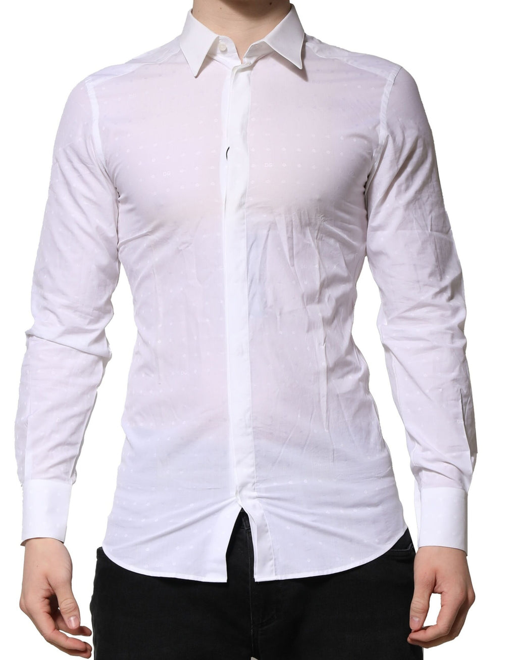 Chemise blanche Dolce & Gabbana pour homme à manches longues, tenue formelle élégante avec détails dorés.