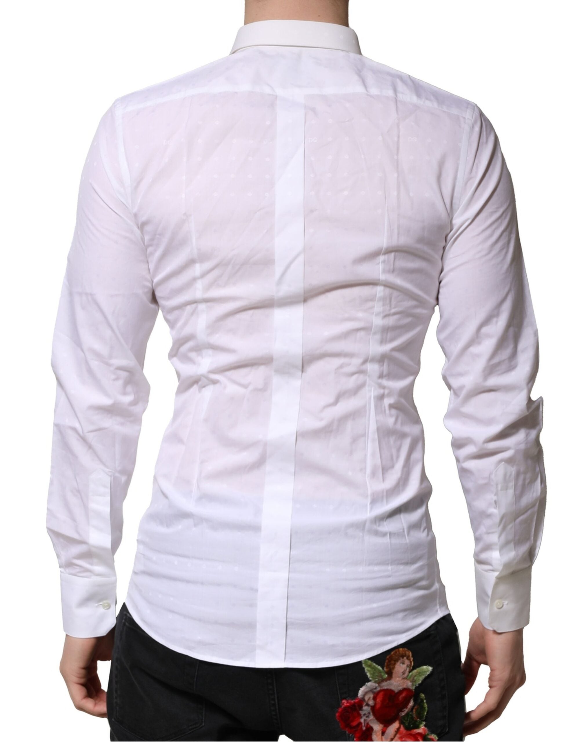 Chemise formelle blanche à manches longues Dolce & Gabbana pour homme avec détails en or, élégante et sophistiquée.