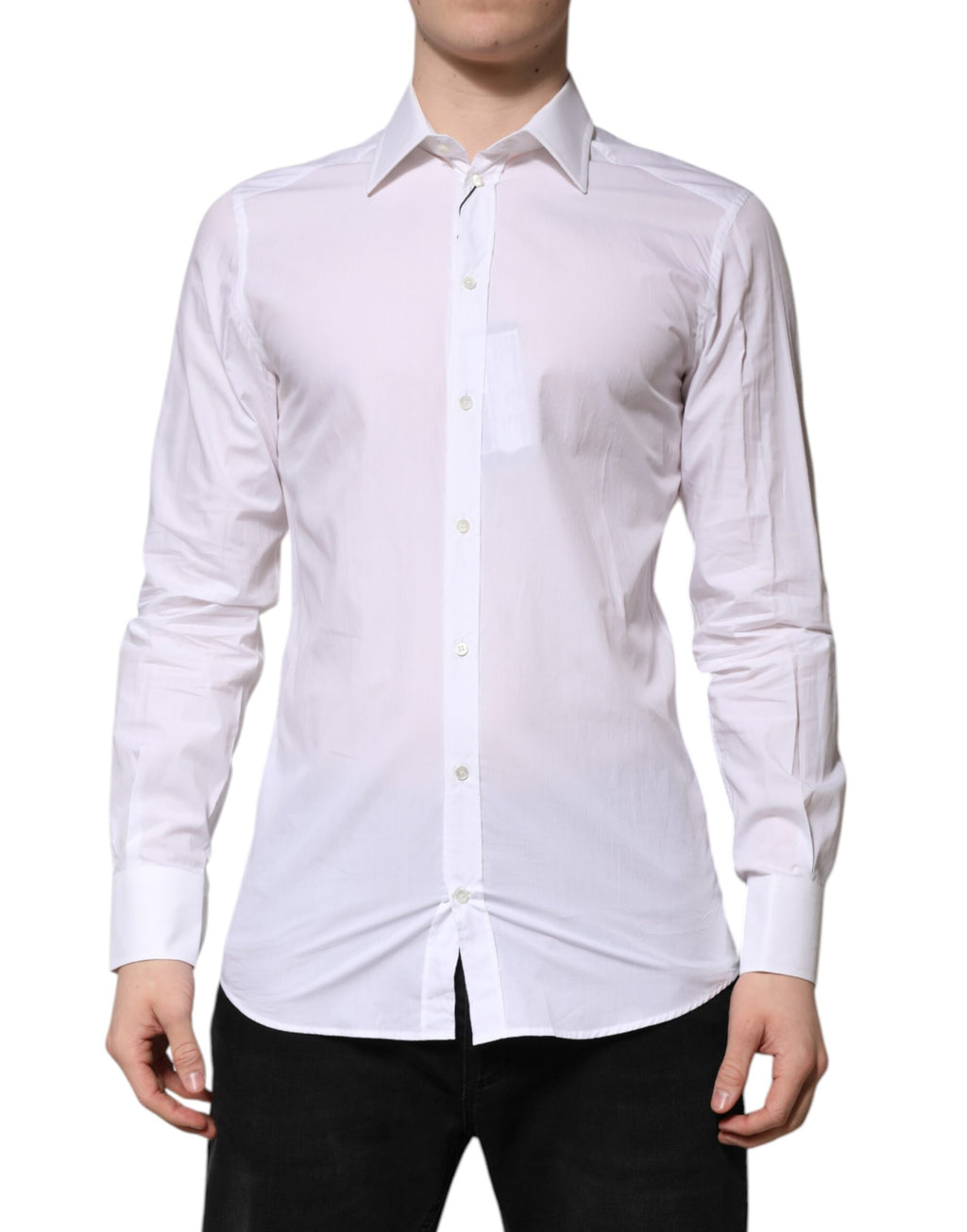 Chemise formelle Dolce & Gabbana blanc à manches longues avec détails en or pour homme, style élégant et sophistiqué.