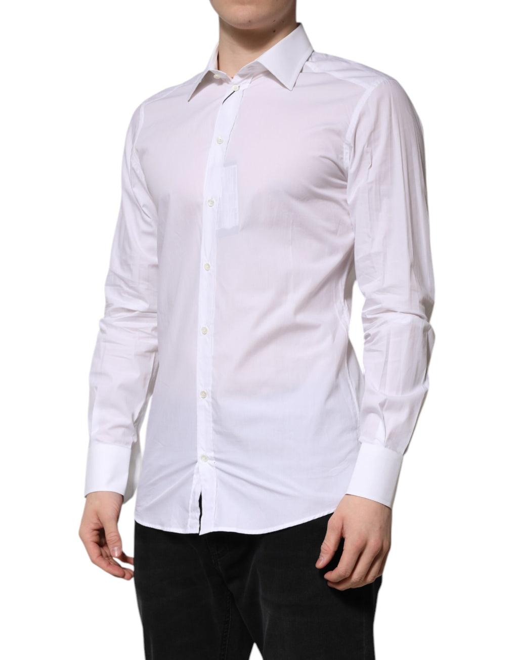 Chemise formelle blanche Dolce & Gabbana à manches longues avec détails dorés pour hommes, élégante et sophistiquée.