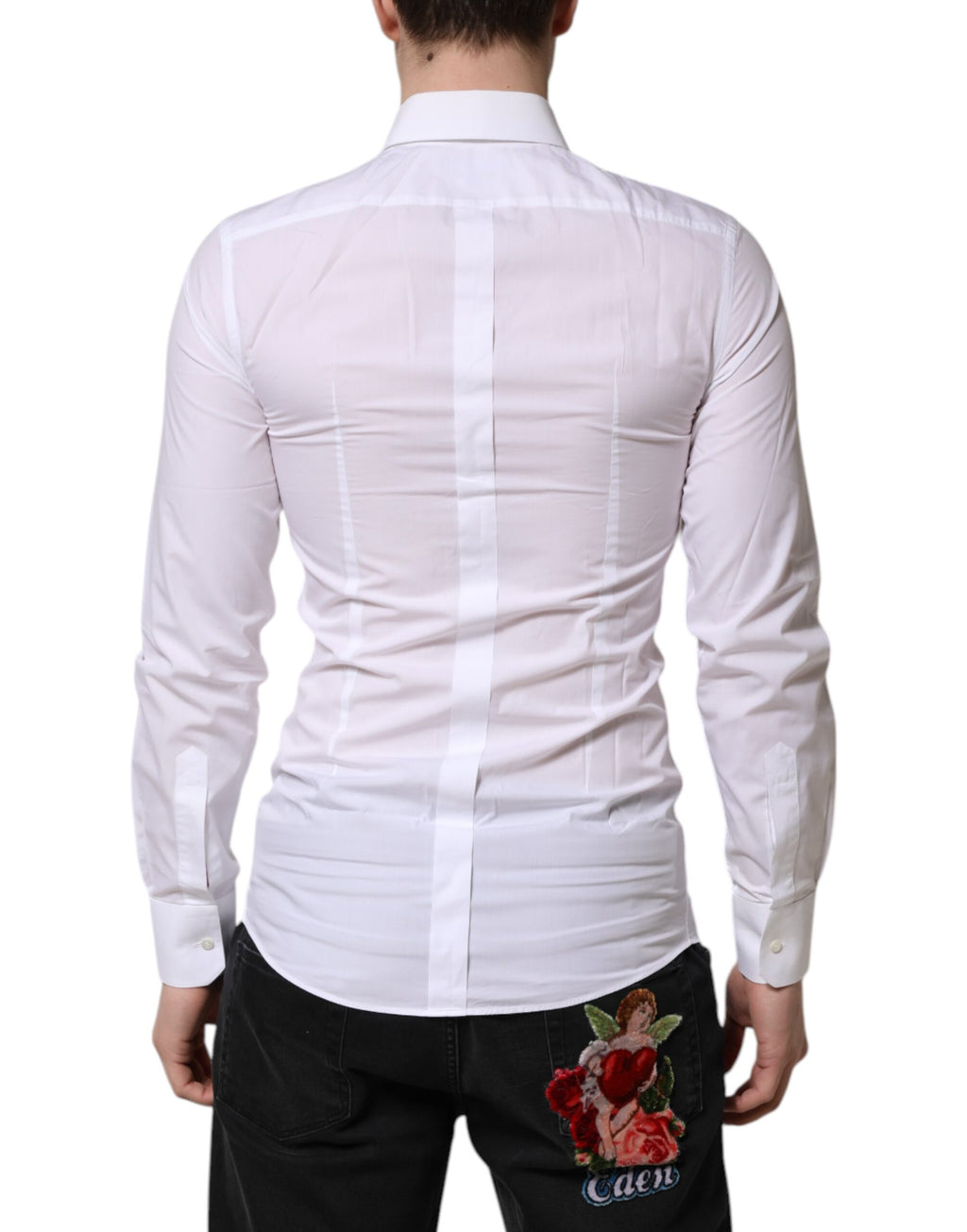 Chemise homme Dolce & Gabbana blanche à manches longues avec détails dorés pour occasions formelles.