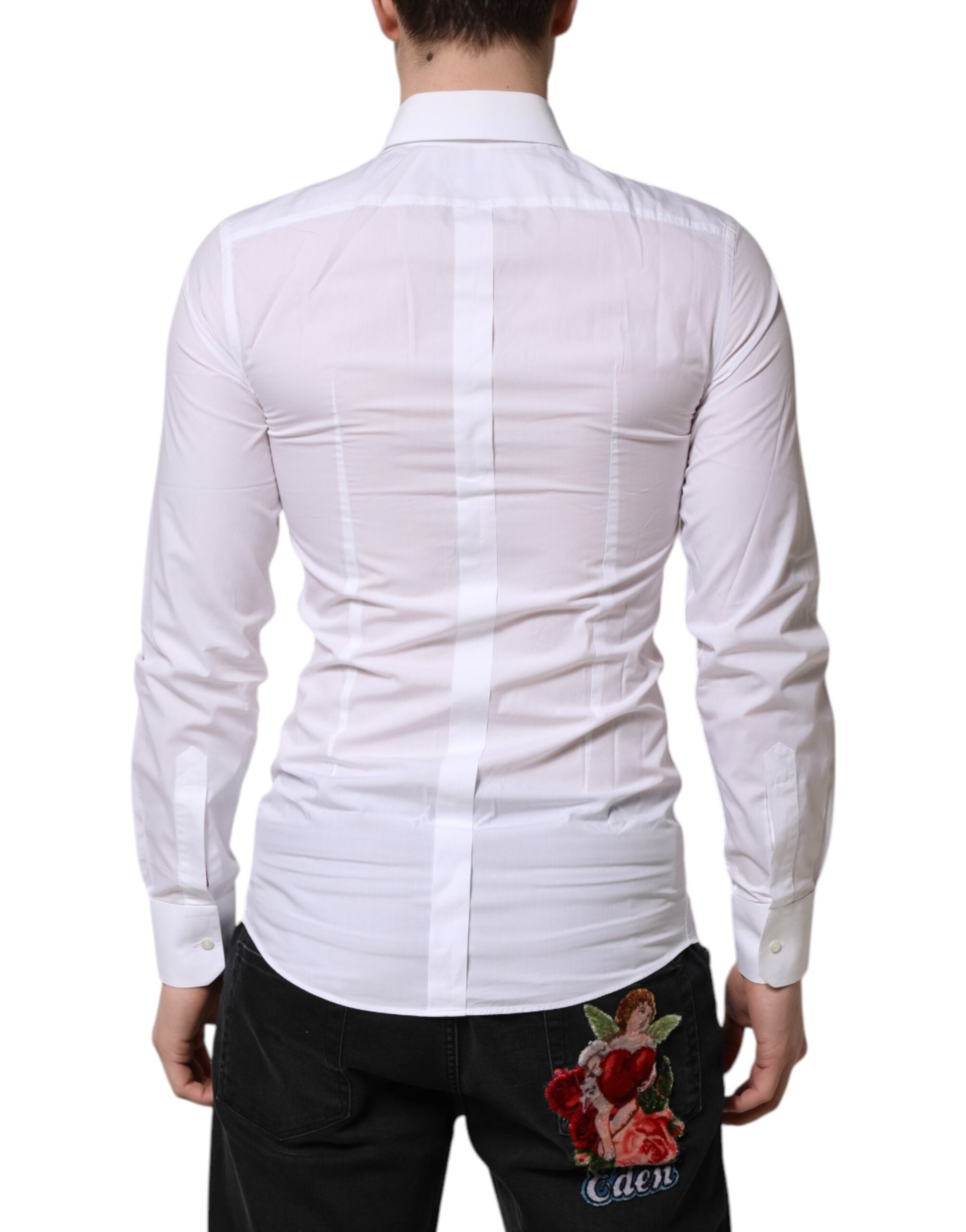 Chemise homme Dolce & Gabbana blanche à manches longues avec détails dorés pour occasions formelles.