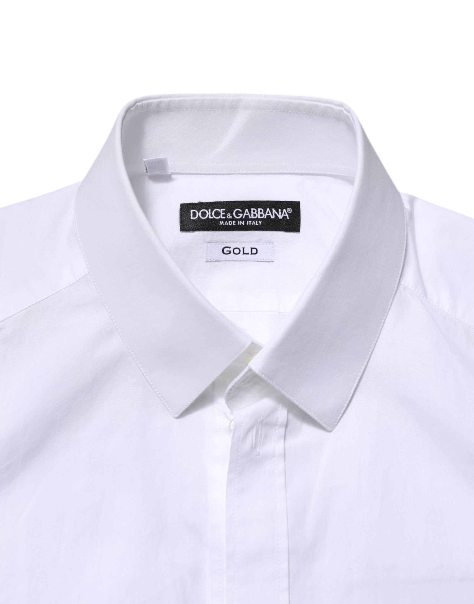 Chemise blanche Dolce & Gabbana à manches longues pour homme, robe formelle élégante en or, visible sur l'image.