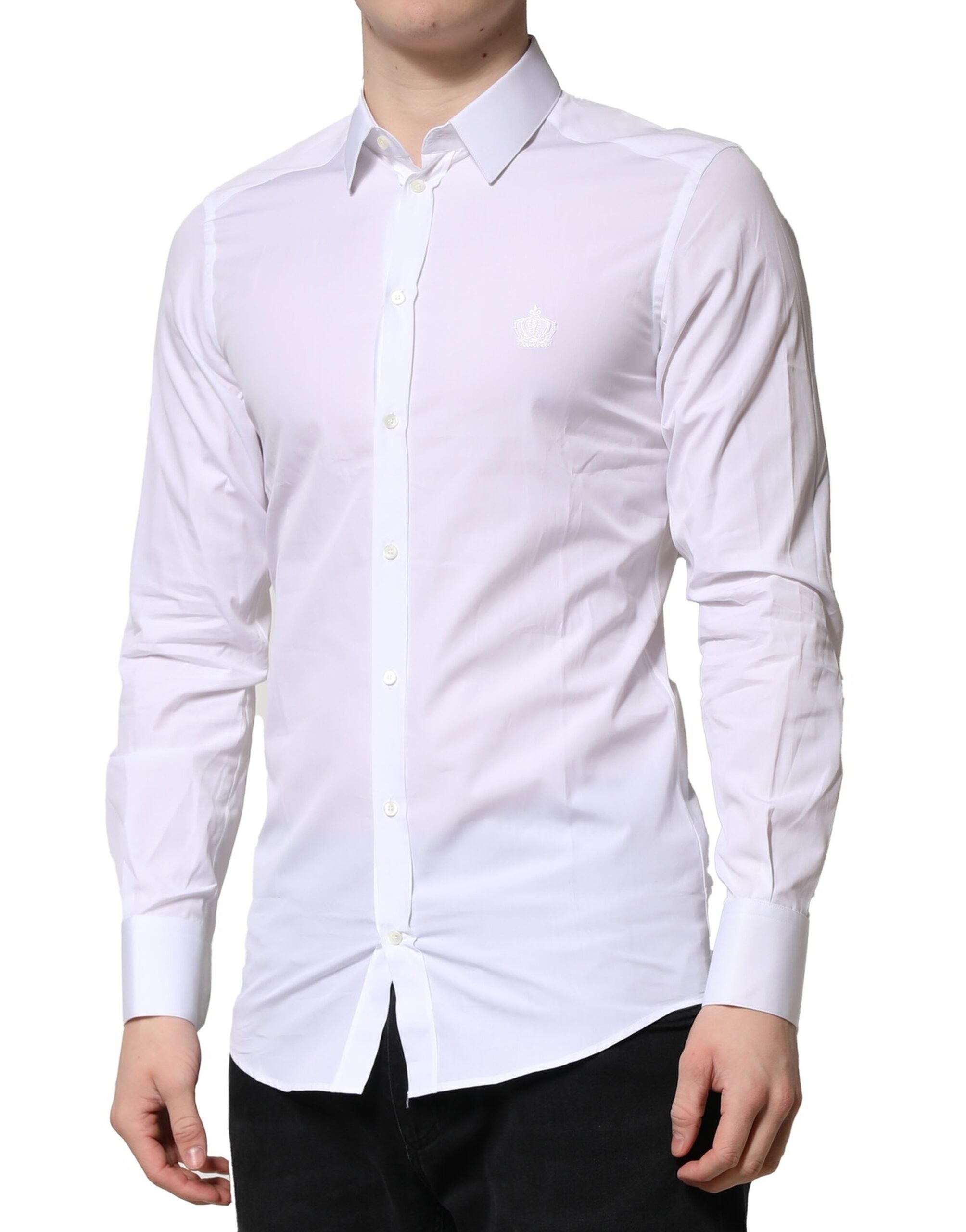 Chemise homme Dolce & Gabbana blanche à manches longues et détails dorés pour tenue formelle.