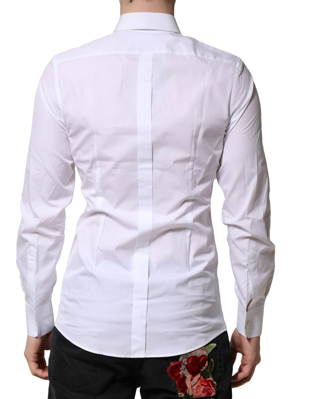 Chemise formelle homme Dolce & Gabbana blanche à manches longues avec détails dorés, élégante et sophistiquée.