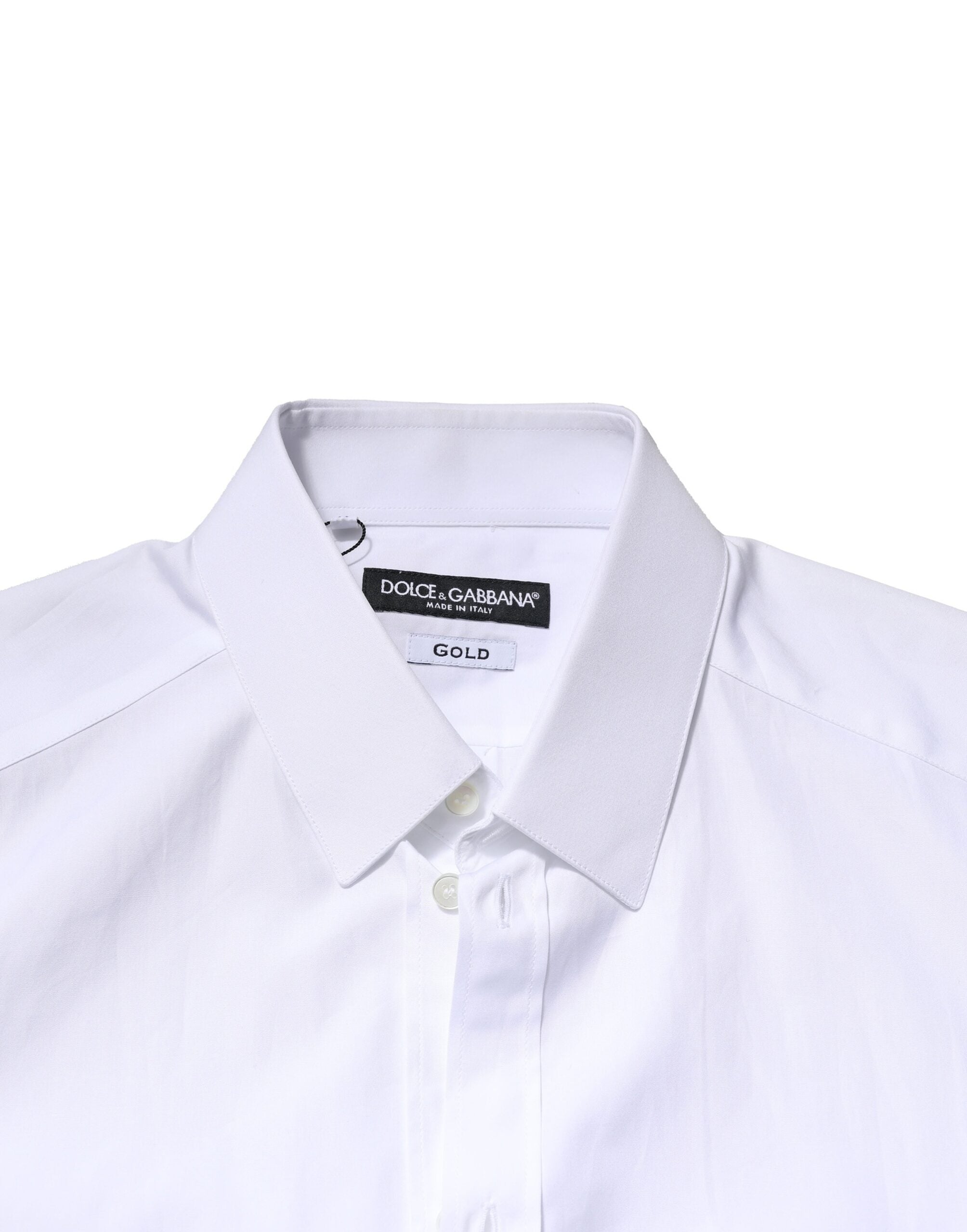 Chemise homme Dolce & Gabbana blanche à manches longues avec détails dorés pour tenue formelle élégante.