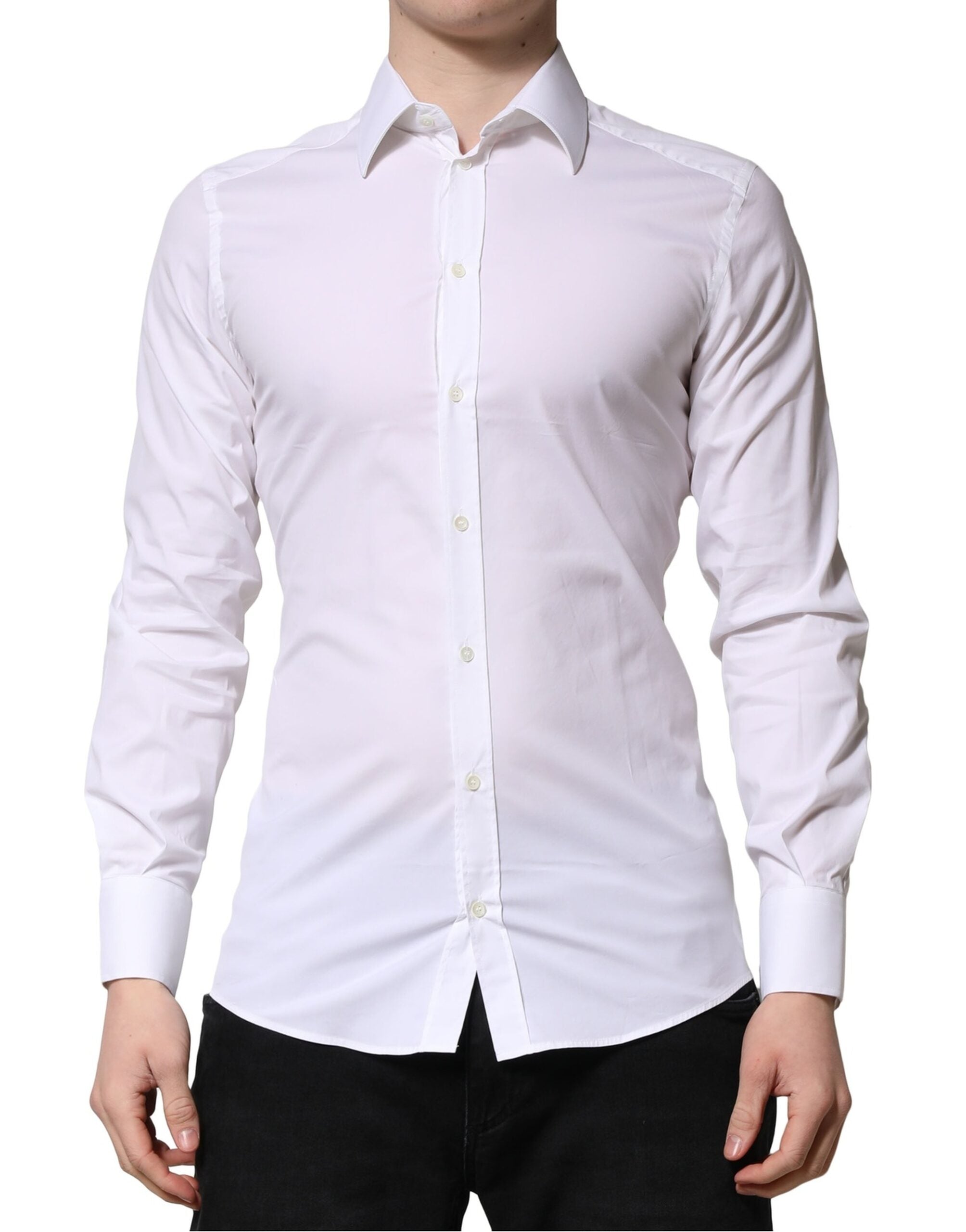 Chemise formelle blanche à manches longues Dolce & Gabbana pour homme, élégante avec détails en or.